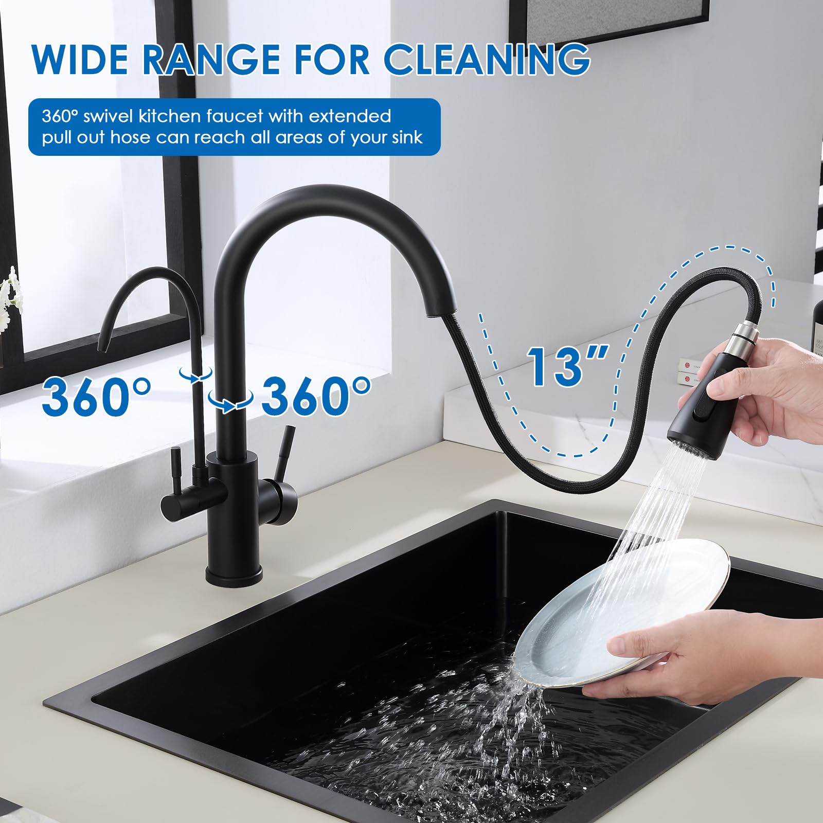 Rovogo Kitchen Faucet With Filtered Water Spout And Pull Down Sprayer, Dual Handle High Arc Kitchen Faucet With Drinking Water Spout For Water Filtration System, Stainless Steel, Black