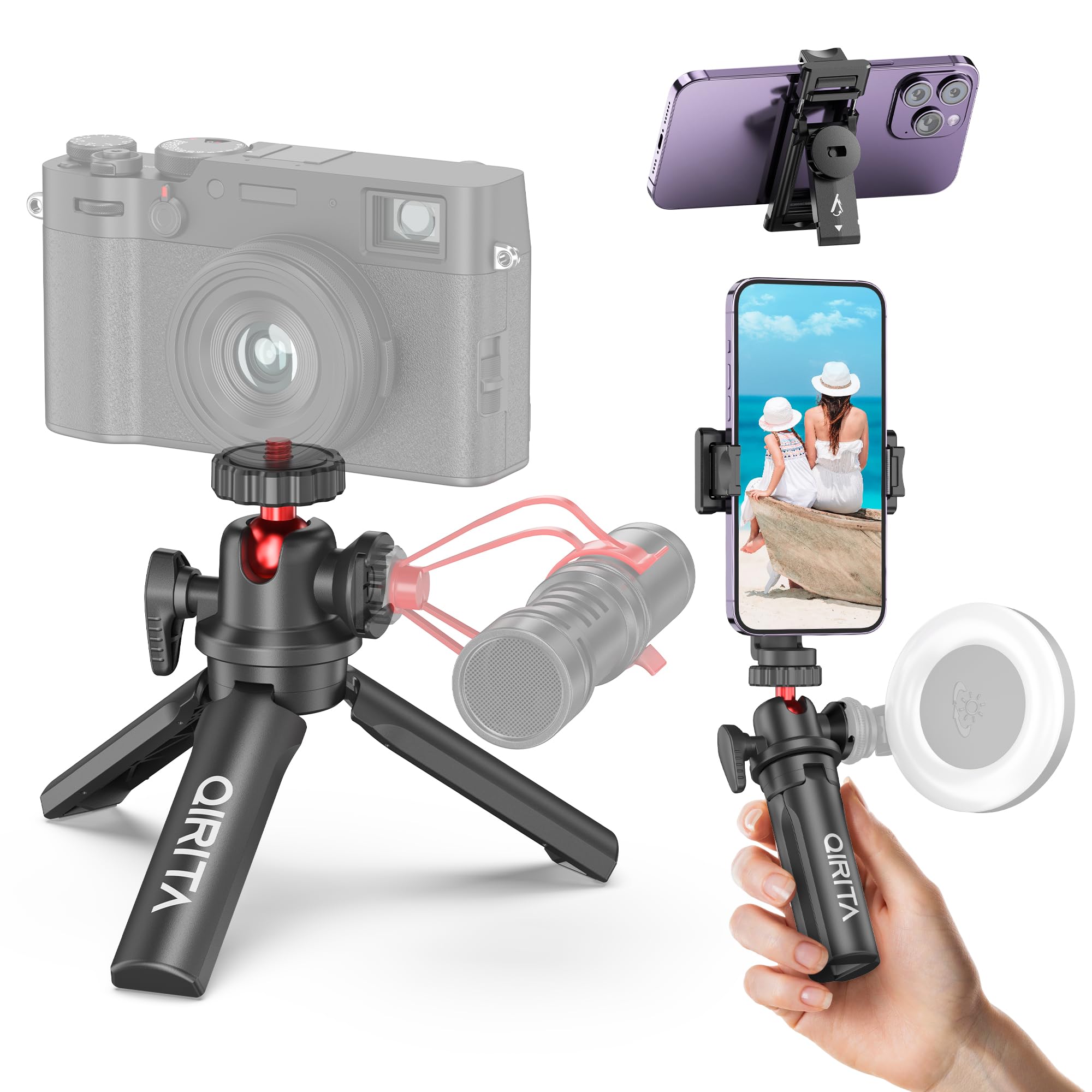 Qirita Mini Tripod & Desk Stand, 360° Rotatable Small Tripod Stand With Phone Holder & Cold Shoe, Selfie Stick Travel Tripod For Iphone/Android/Camera, Mini Hand Grip For Live Stream, Video Calls, Tiktok