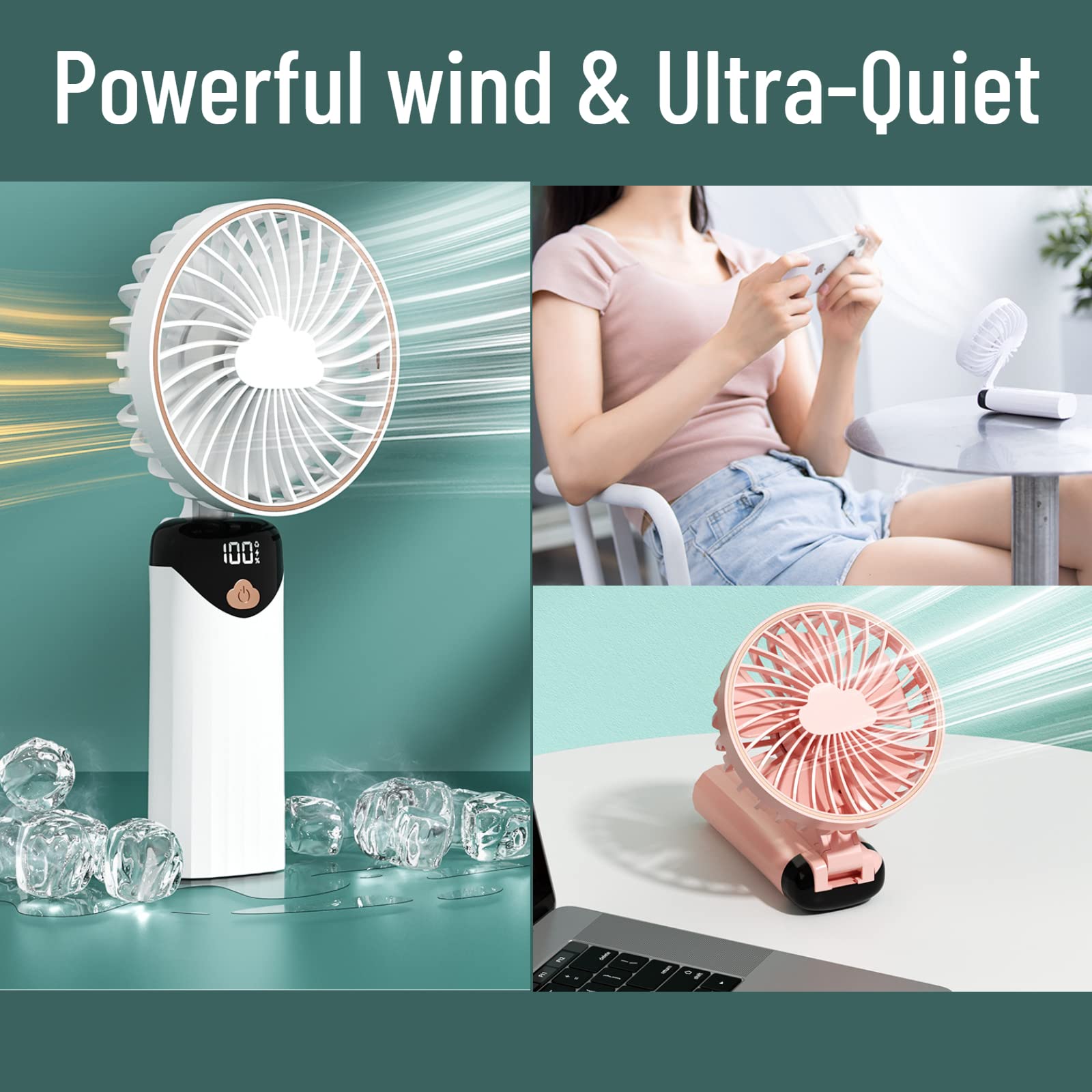 Handheld Fan Portable Multifunction Personal Fan Digital Display 5 Speed Foldable Desk Fan With Base