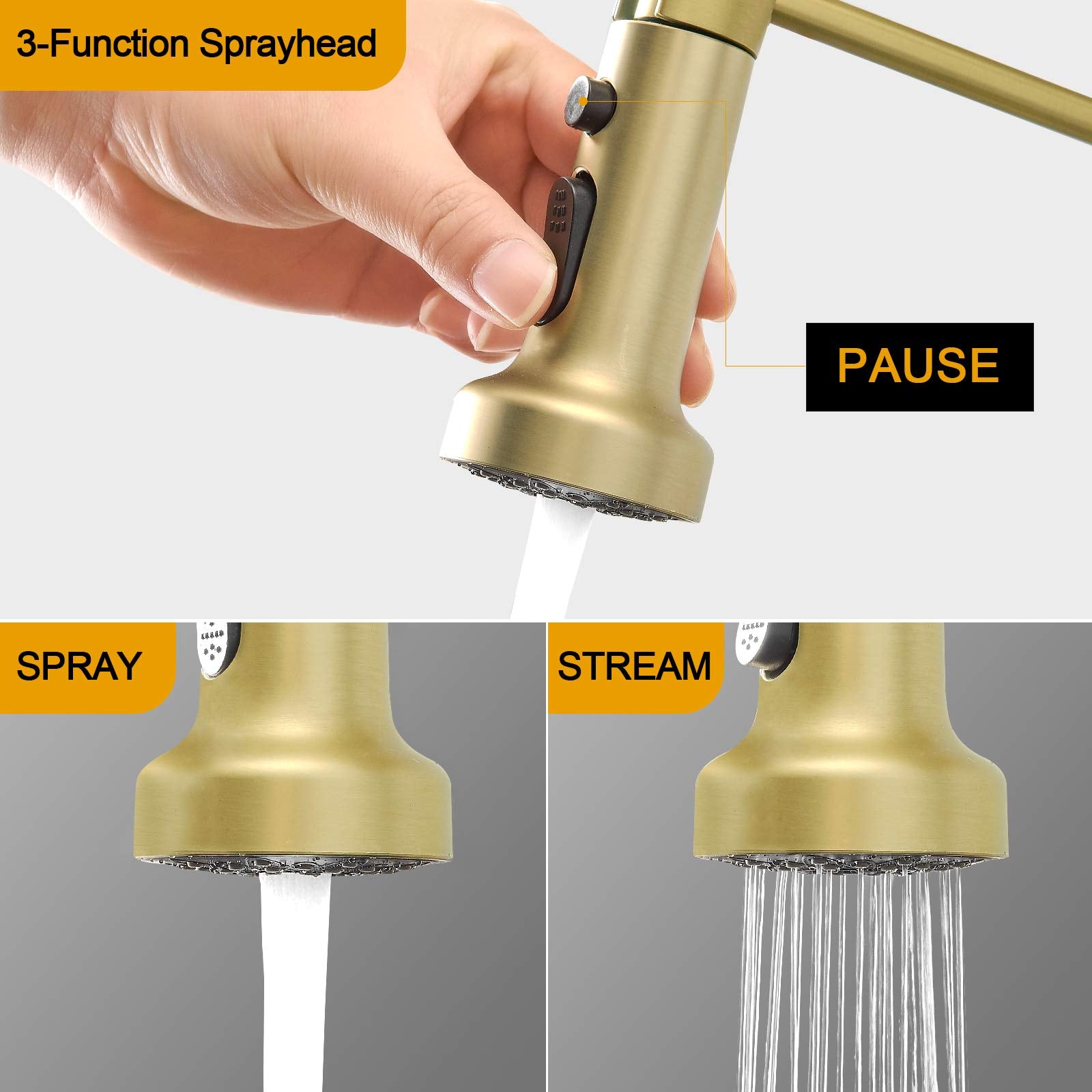 Besy Brushed Brass Kitchen Faucet With Pull Out Sprayer, High-Arc Single Handle Single Lever Spring Rv Kitchen Sink Faucet With Pull Down Sprayer, 3 Function Laundry Faucet, Brushed Gold