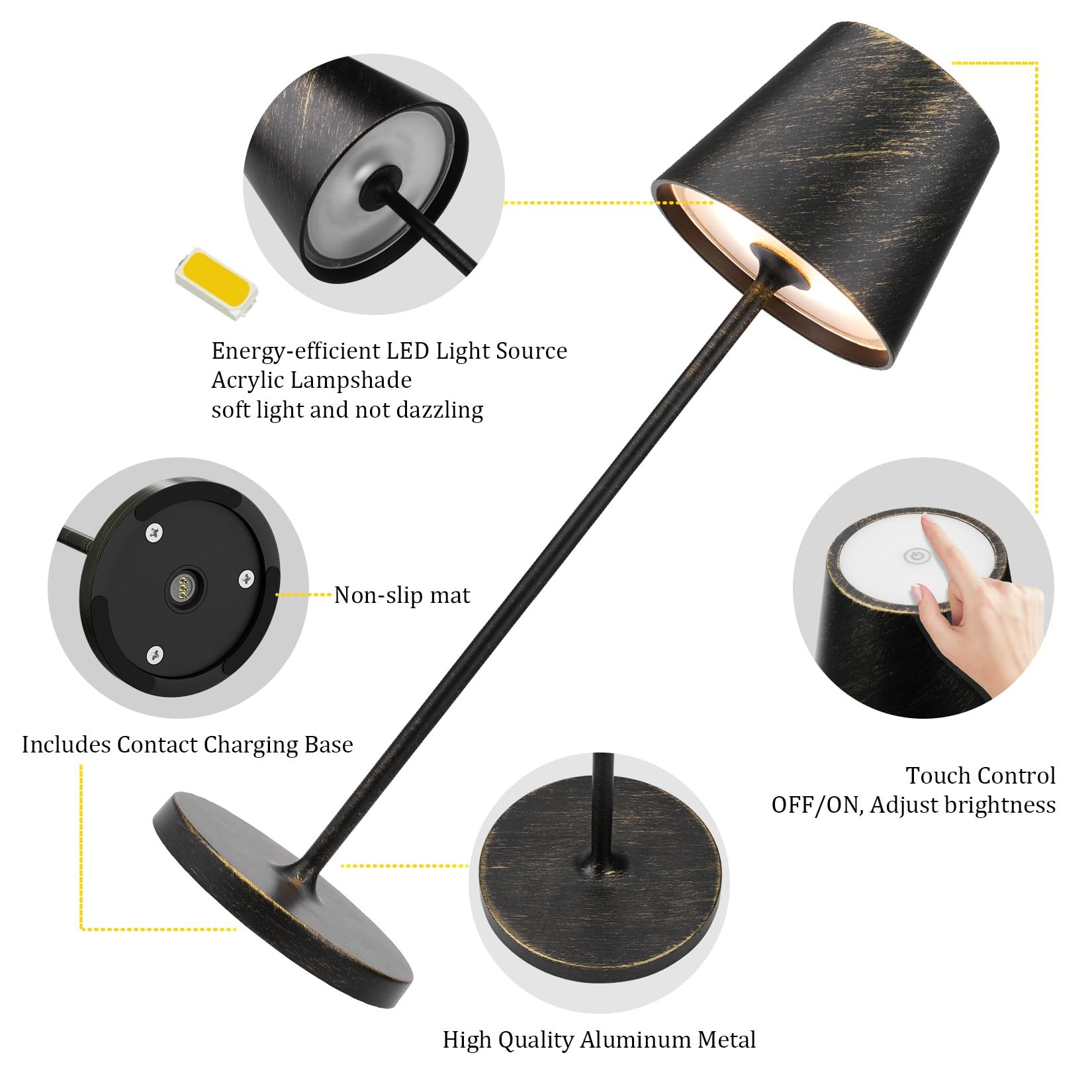 Ralbay Ip54 Aluminum Cordless Rechargeable Table Lamp Led Modern Battery Operated 4800Mah Waterproof Portable Stepless Dimmable Desk Lamp For Restaurant/Bedroom/Camping/Outdoor (Black Brush Gold)