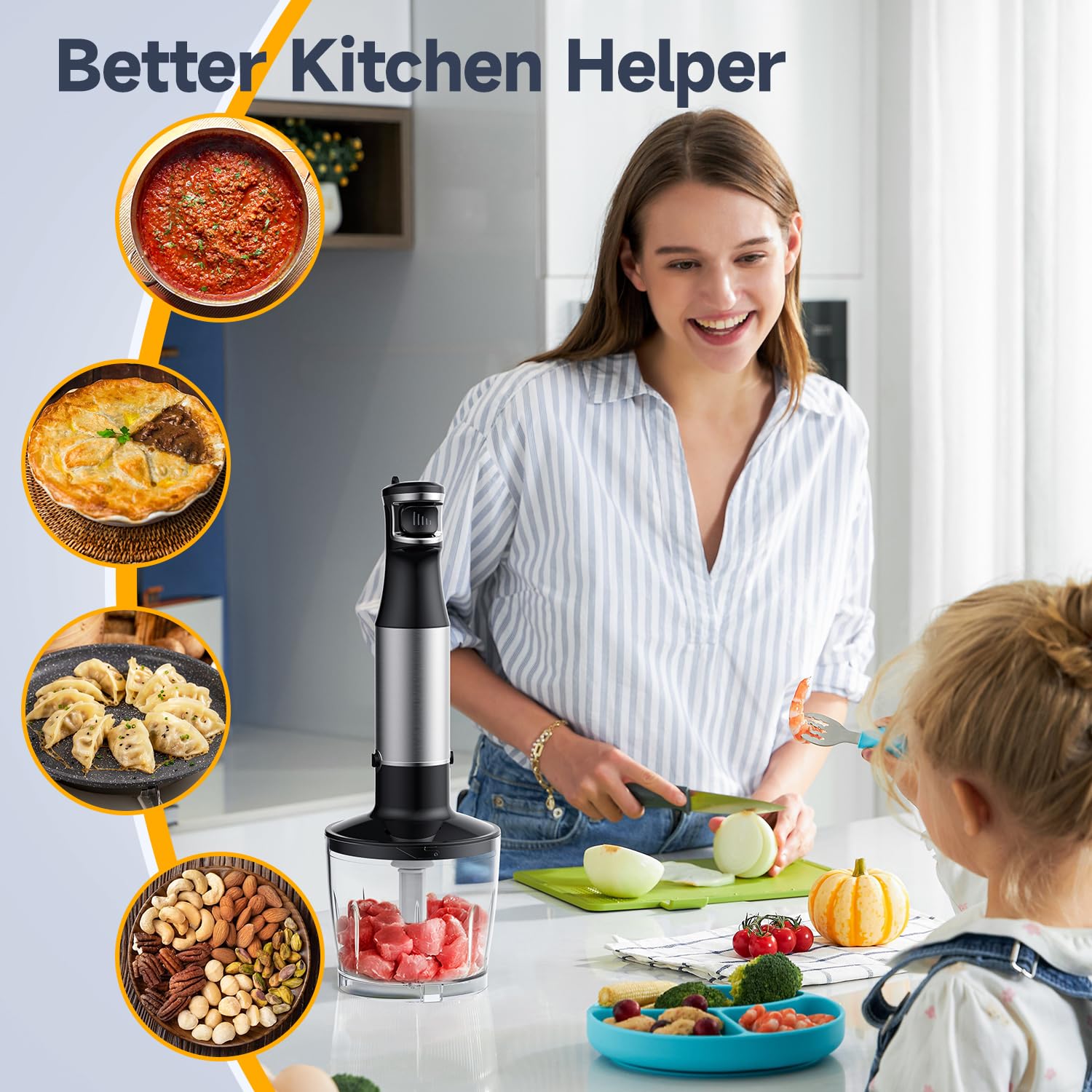 Uniqus Hand Blender 5 In 1 Immersion Trigger Control Grip Stick Mixer With Chopper, Whisk, And Frother For Kitchen Blend With Ease And Convenience