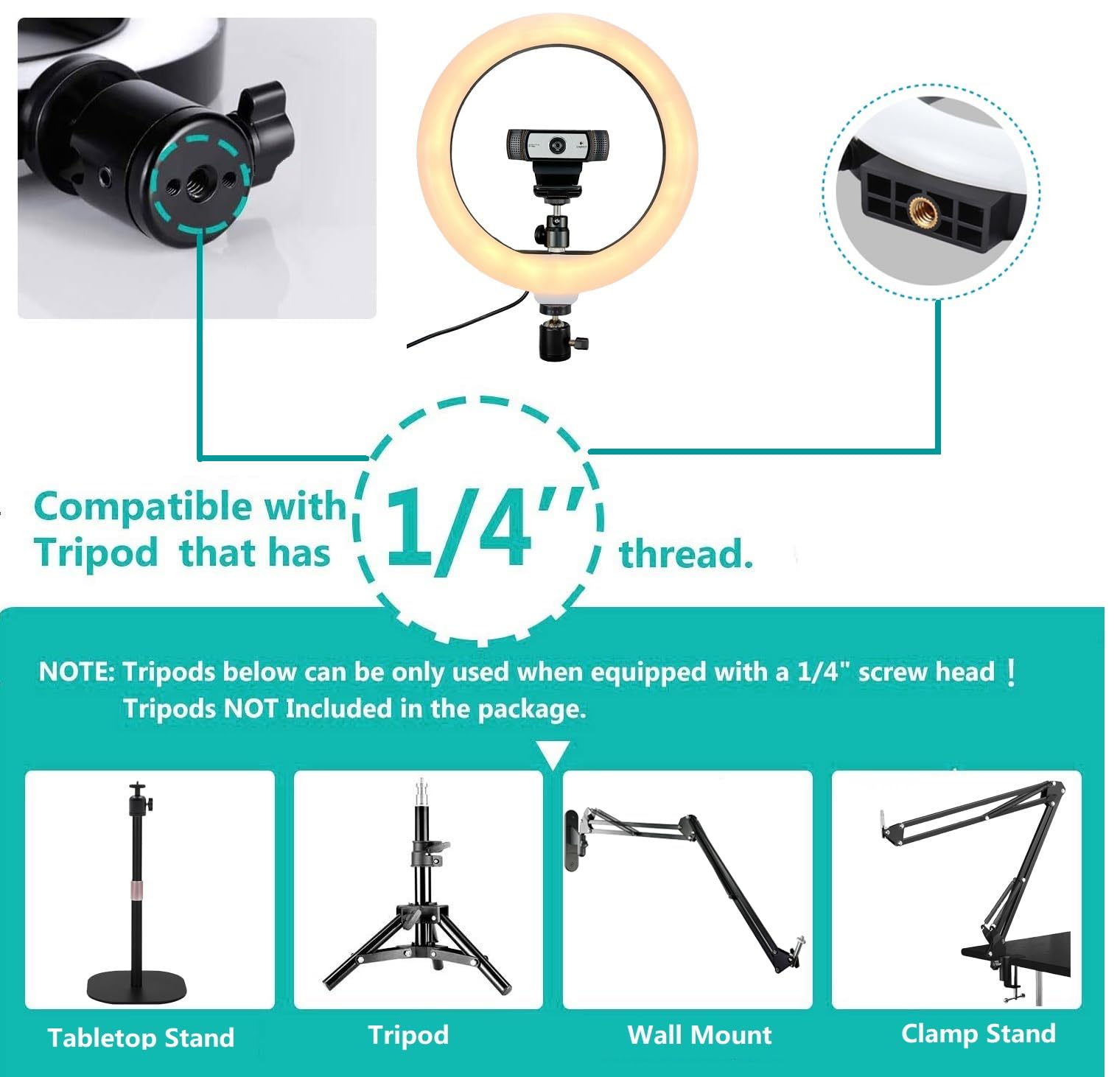 Acetaken Webcam Light, Ring Light For Logitech Webcam C920,C922X,C930E,Brio 4K,C925E,Mx Brio 4K,Streamcam,Brio 500,C615 1/4'' Screw Hole- 10'' Light (Without Tripod And Stand)