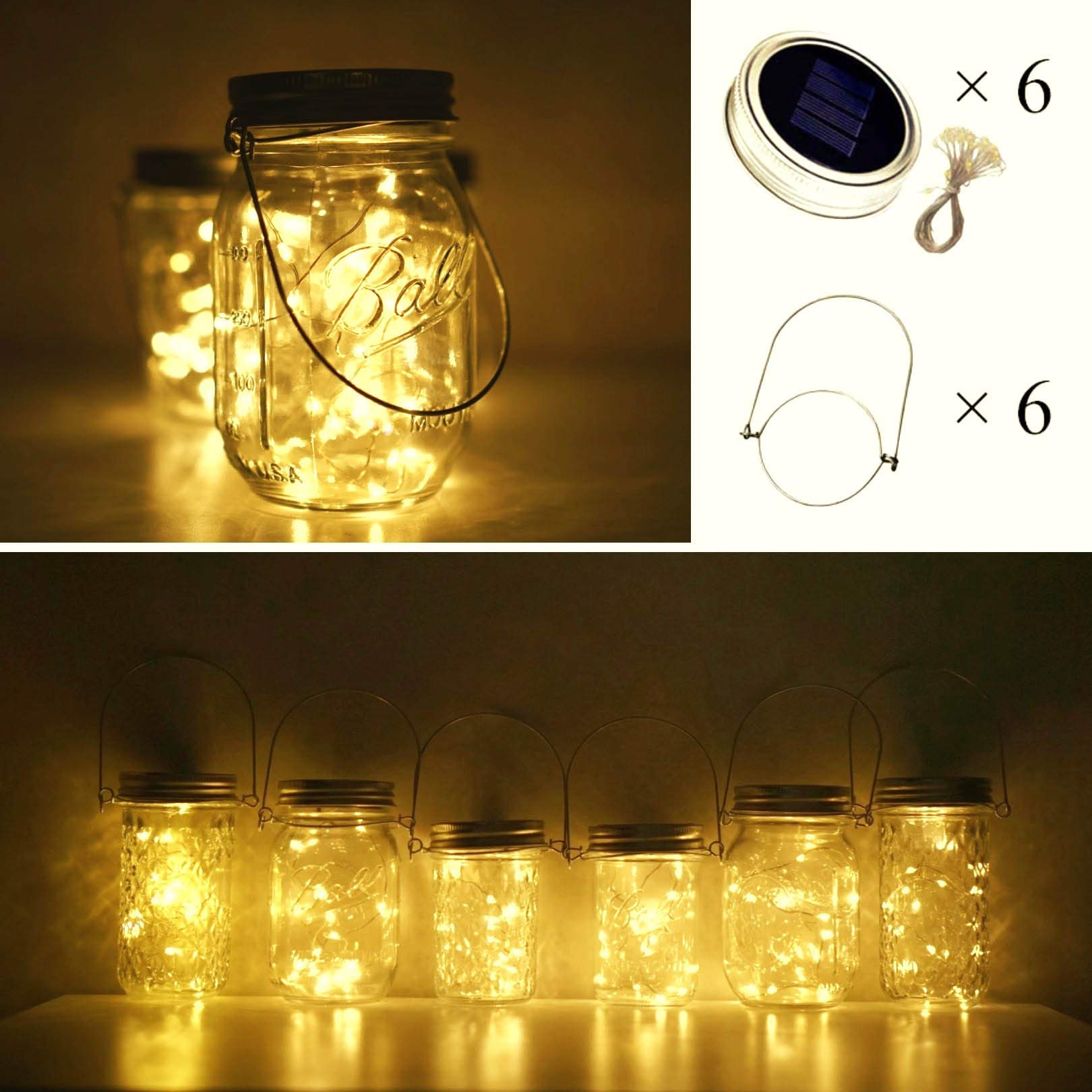 Cynzia Solar Mason Jar Lights, 6 Pack 20 Led Fairy String Lights With 6 Hangers (No Jars), Waterproof Firefly Lights Lantern For Outdoor, Wedding, Patio, Garden, Party, Christmas Decor (Warm White)
