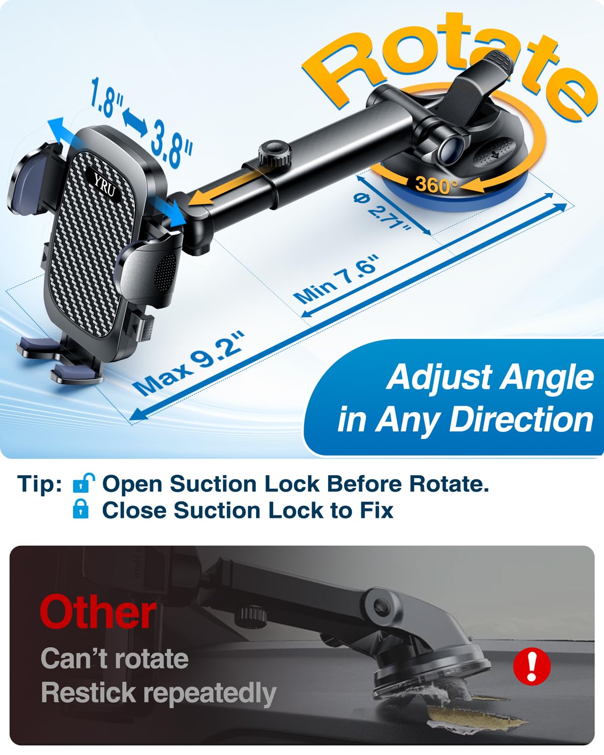 Yru [True Military-Grade & 360 Degrees Rotatable Suction]  Ultimate Car Phone Holder Mount 【90+Lbs Safest Strongest & Patent Certs】Dashboard Windshield Vent For Iphone 16 15 Pro Max Samsung, Black