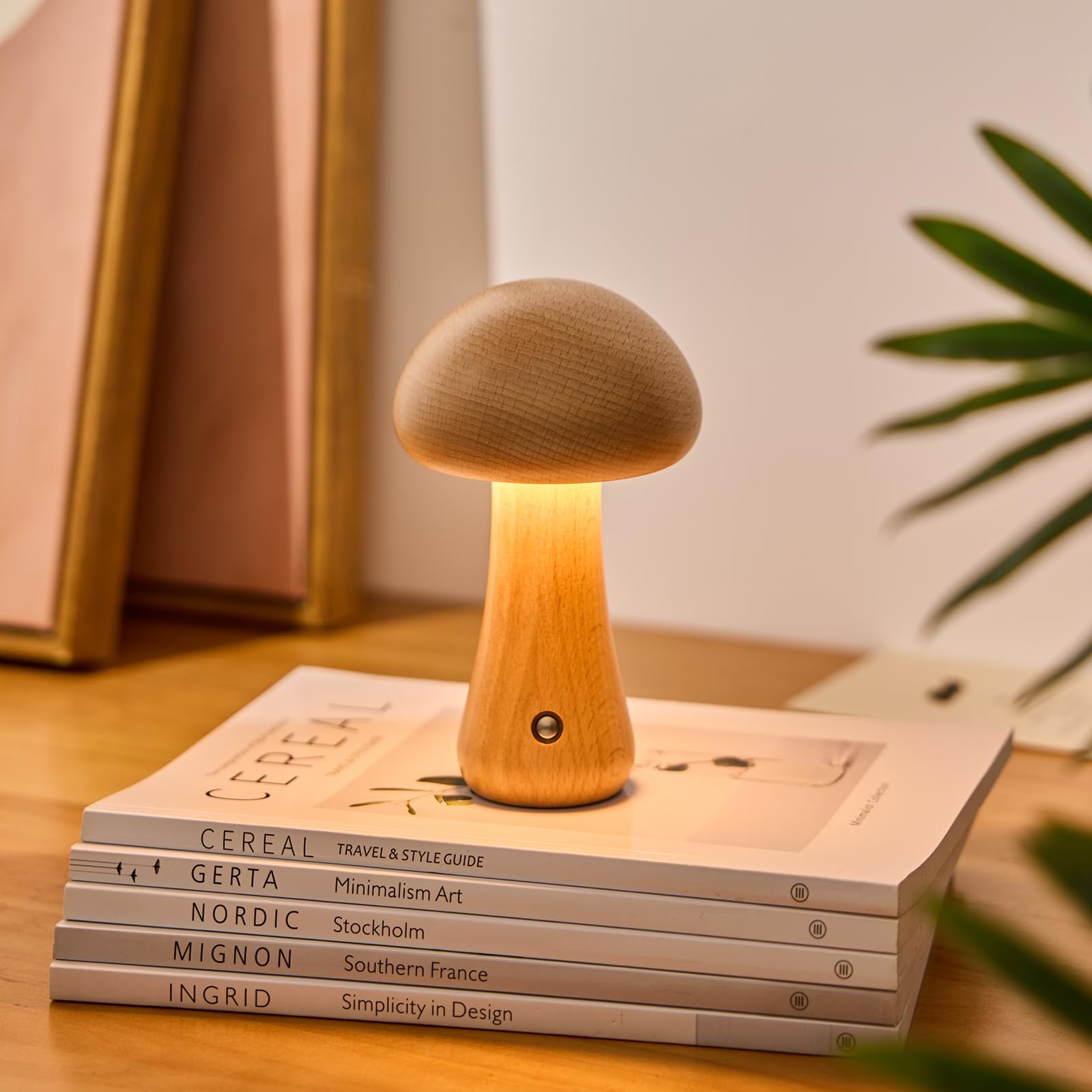 Lalavon Wooden Mushroom Lamp, Portable Cordless Small Lamp, Rechargeable Battery Operated Table Lamp, 3 Colors Stepless Dimming, Night Light For Birthday (Beech/6.5" H)