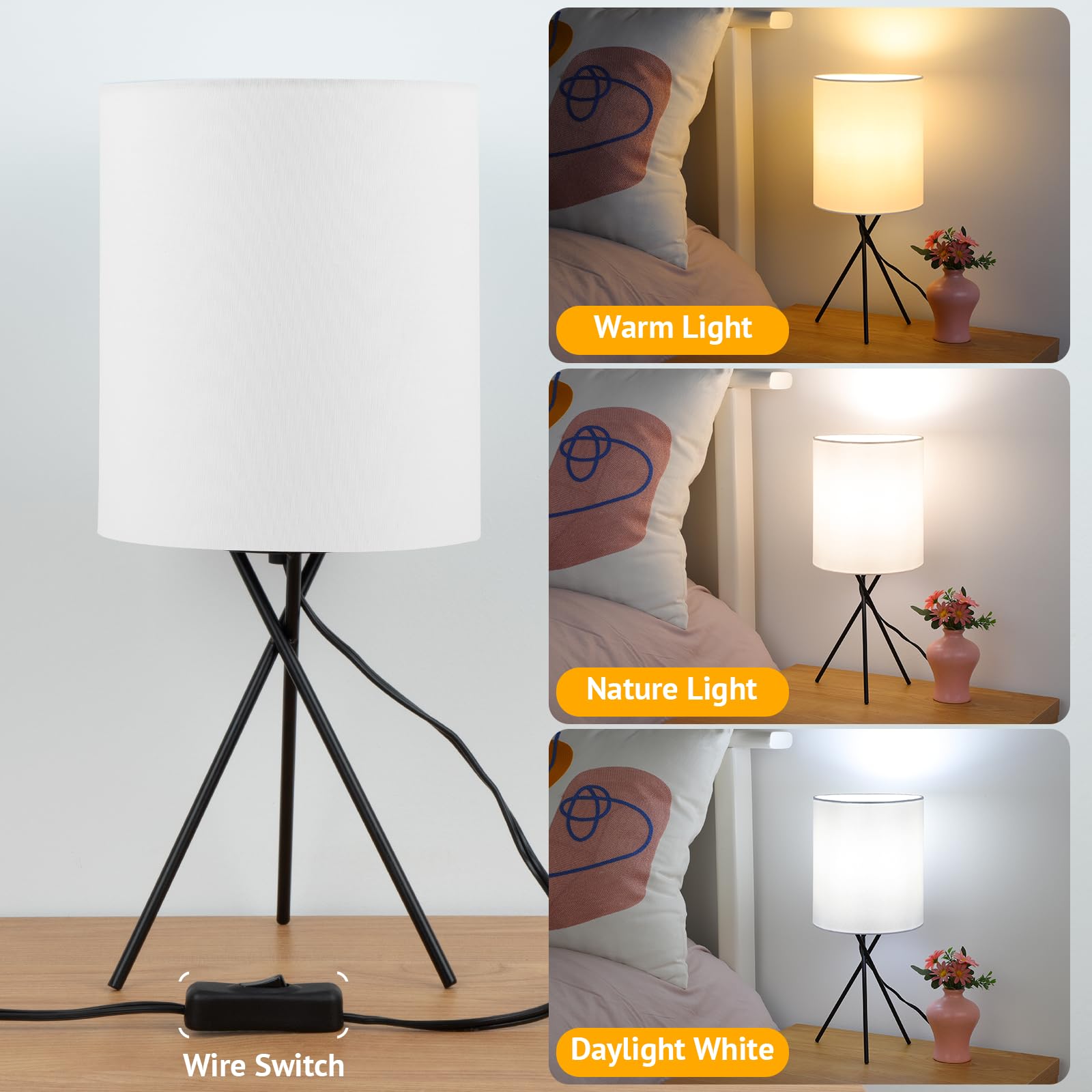Folksmate Bedside Table Lamp With Black Metal Base, Modern Small Desk Lamp, Nightstand Light Fixture With White Lampshade, Home Living Room Bedroom Office, Bulb Not Included
