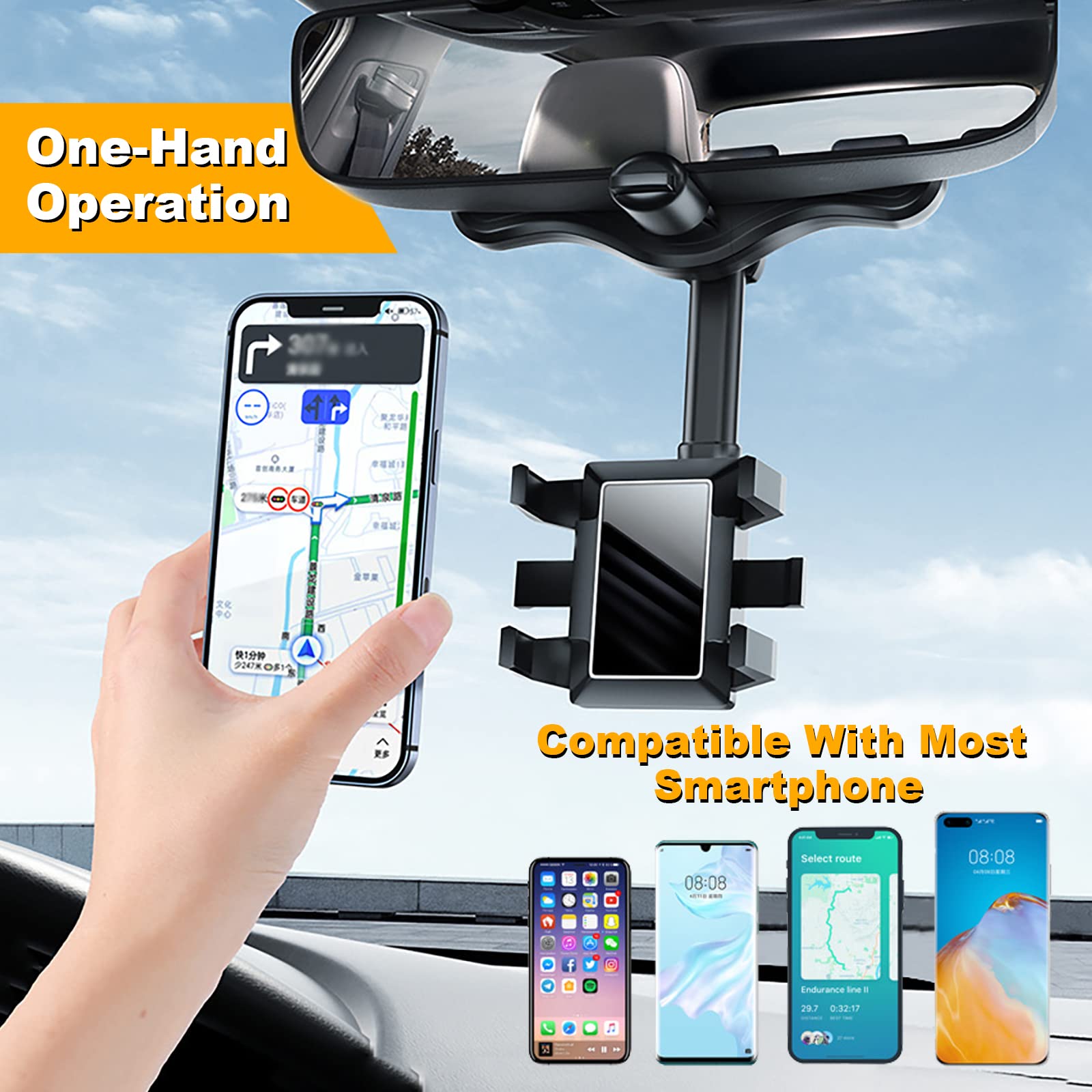 Roaestke Rotatable And Retractable Car Phone Holder, 360° Rotatable Multifunctional Universal Rearview Mirror Phone Holder For Car, Adjustable Mobile Phone Mount Frame For All Cell Phones