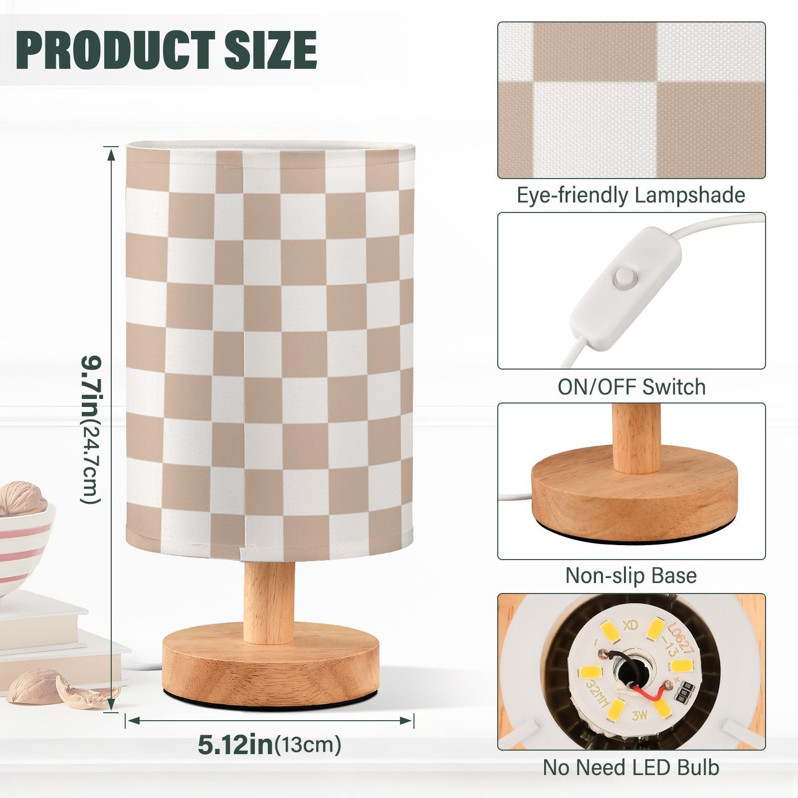 Wevibofu Table Lamp Brown White Checkered Nightstand Lamp With Wood Base Led Bedside Shade Desk Lamp For Bedroom Living Room Dorm Office Decor
