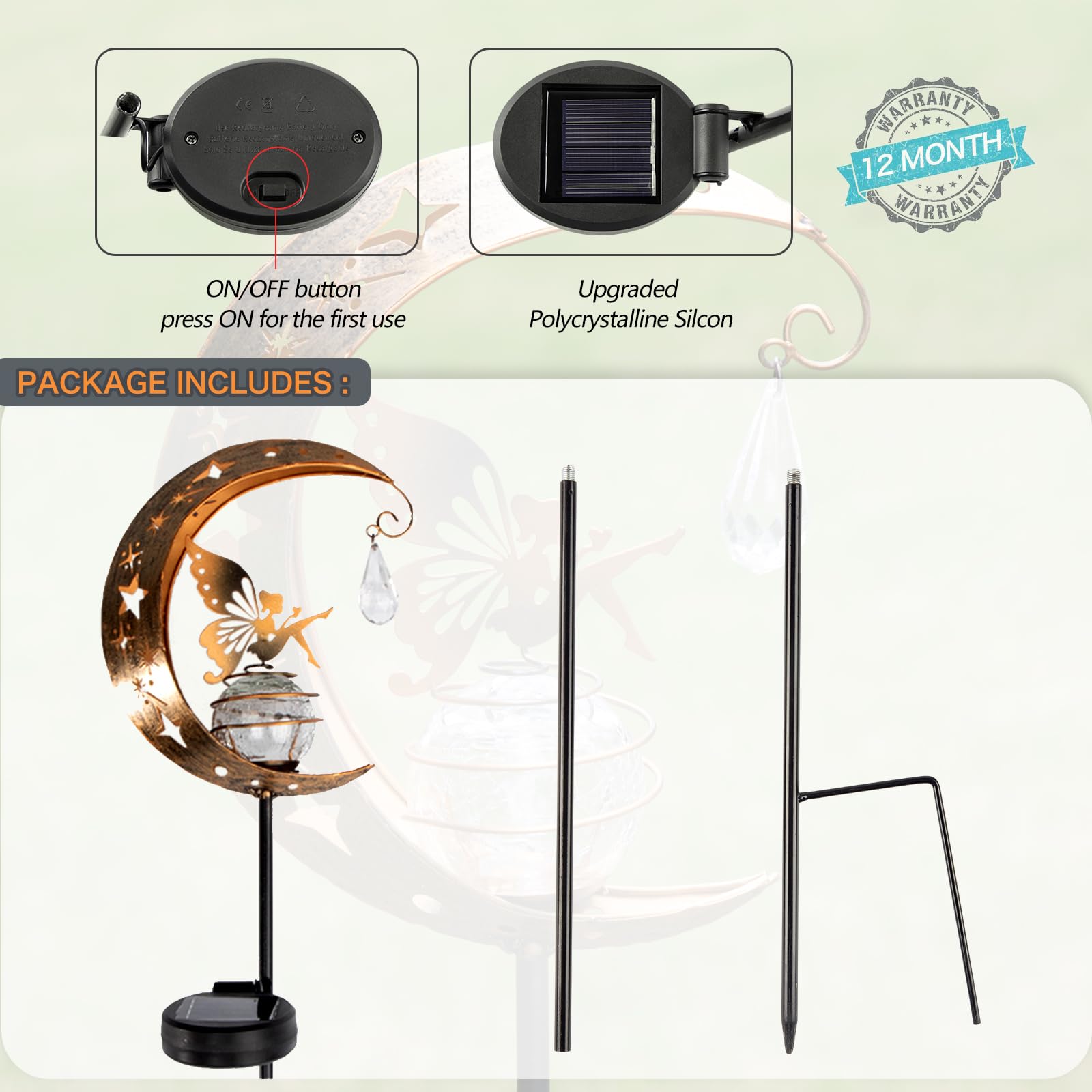 Licklip Moon & Fairy Garden Solar Stake Light Outdoor, Crackle Glass Globe With Metal Angle Stake, Waterproof Warm White Led, Decoration For Pathway Lawn Patio Courtyard Backyard (1 Pack)