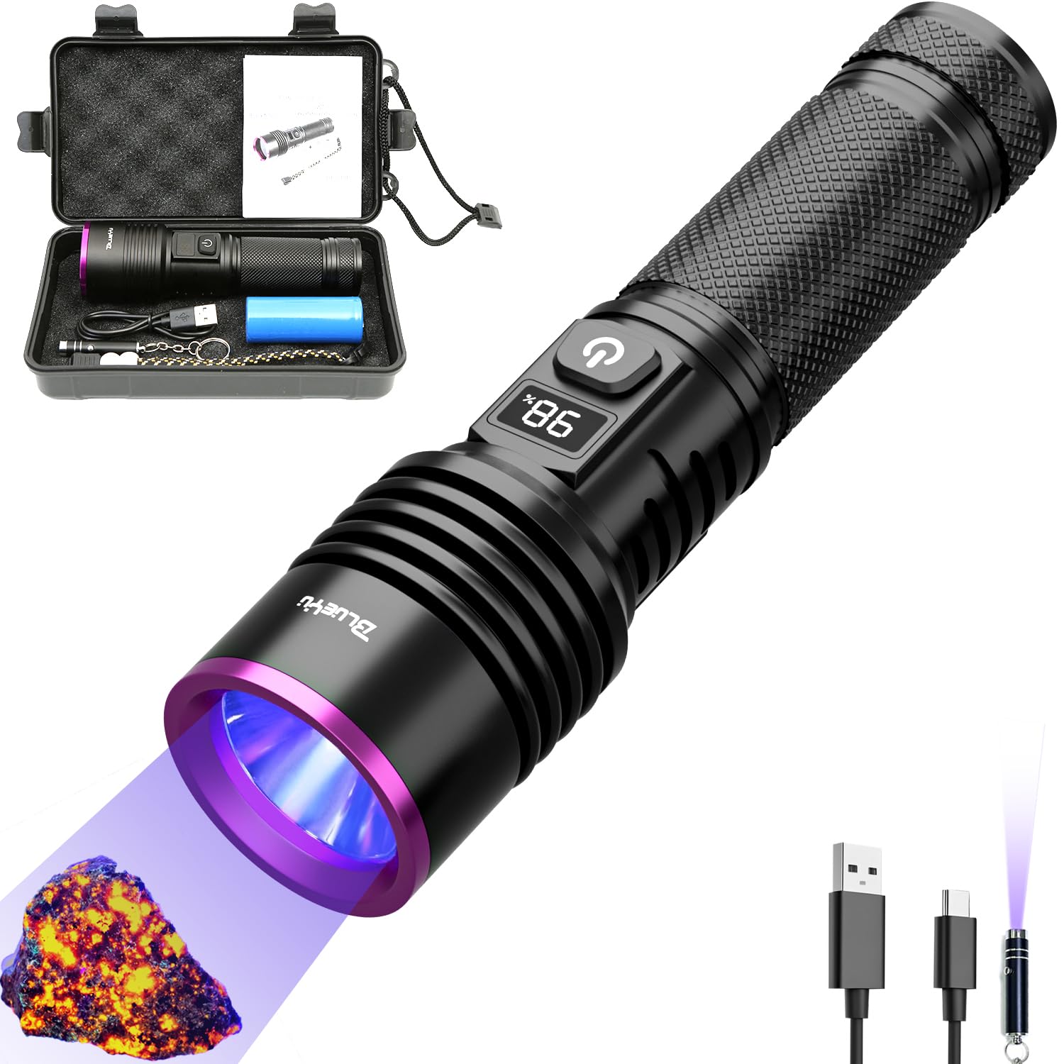Blueyu 365Nm Black Light Uv Flashlight, Rechargeable Blacklight Flashlights, Powerful Ultraviolet Lights For Pet Urine Detection, Scorpion, Rock Hunting, Ac Leak, & Resin Curing, With Lcd Display