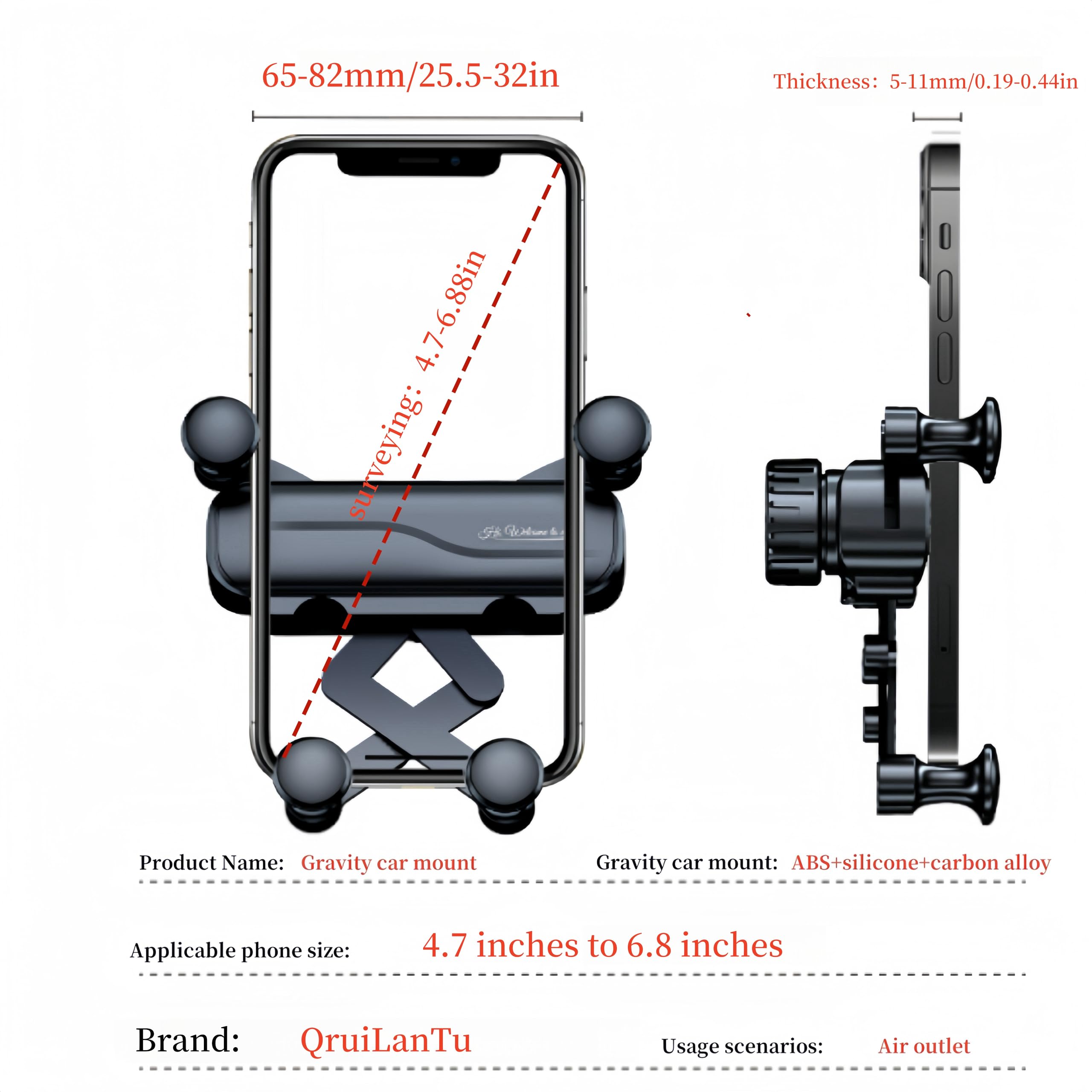 Qruilantu Car Vent Phone Mount Gravity Cell Phone Holder Never Blocking Vent With Rotatable Swing Arm Hands  Universal Extension Clip Air Phone Holder Car Fit For All Phones Iphone Samsung