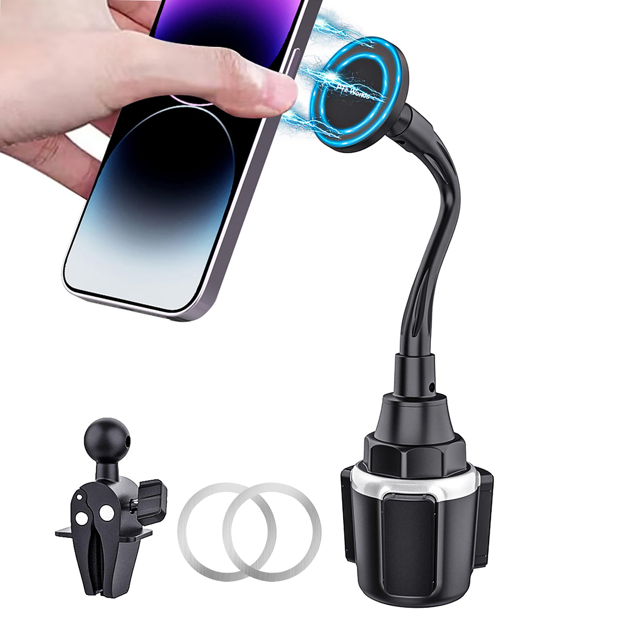 Ptz Worlds Cup Holder Phone Mount Magnetic - Designed For Magsafe Cupholder Car Mount, Super Strong Magnet For Cell Phone Cup Holders, Expandable Base, Flexible Gooseneck, Compatible With Iphone, Galaxy, Pixel