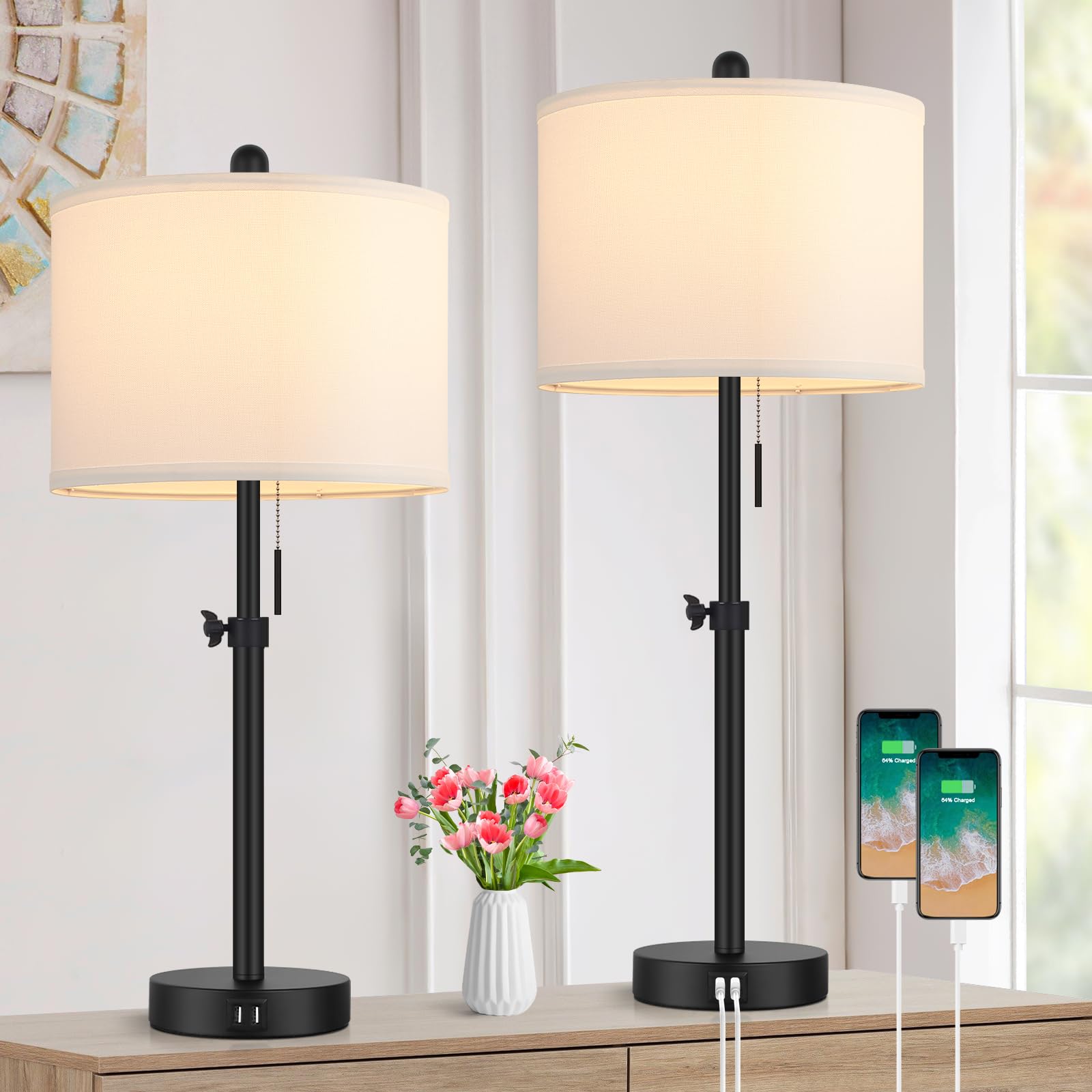Kondras Table Lamp For Bedroom Set Of 2, 23" To 30" Height Adjustable Bedside Lamp With 2 Usb Ports, Black Nightstand Lamp With White Shade, Modern Pull Chain Table Lamp For Living Room End Table