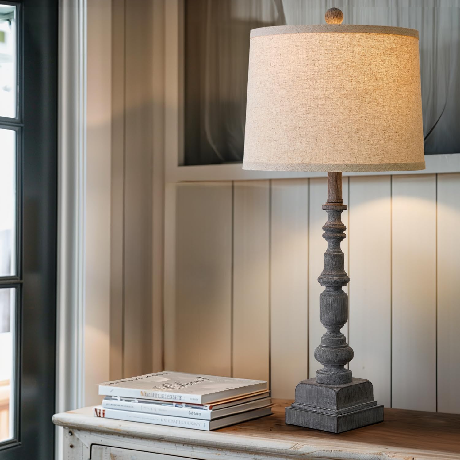 Oneach 27.75" Single Table Lamp For Living Room, Farmhouse Bedside Lamps With Dual Usb Port For Bedroom Kids Room Dorm Office, Rustic Lamps For End Table Nigntstand Resin