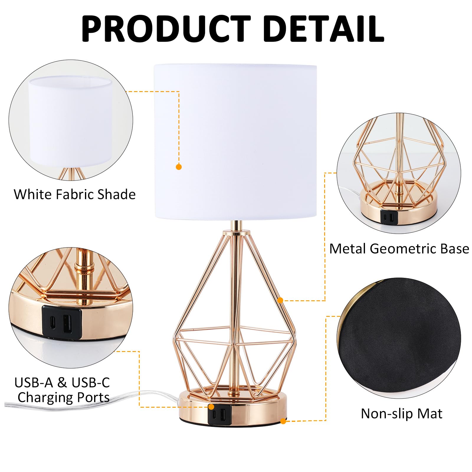 Qhantomize Table Lamp With Usb Port, 3 Way Dimmable Touch Lamps For Nightstand, Modern Small Bedside Lamp With Fabric Shade, Gold Side Table Lamp For Bedroom Living Room, Usb A & Usb C, Led Bulb Included
