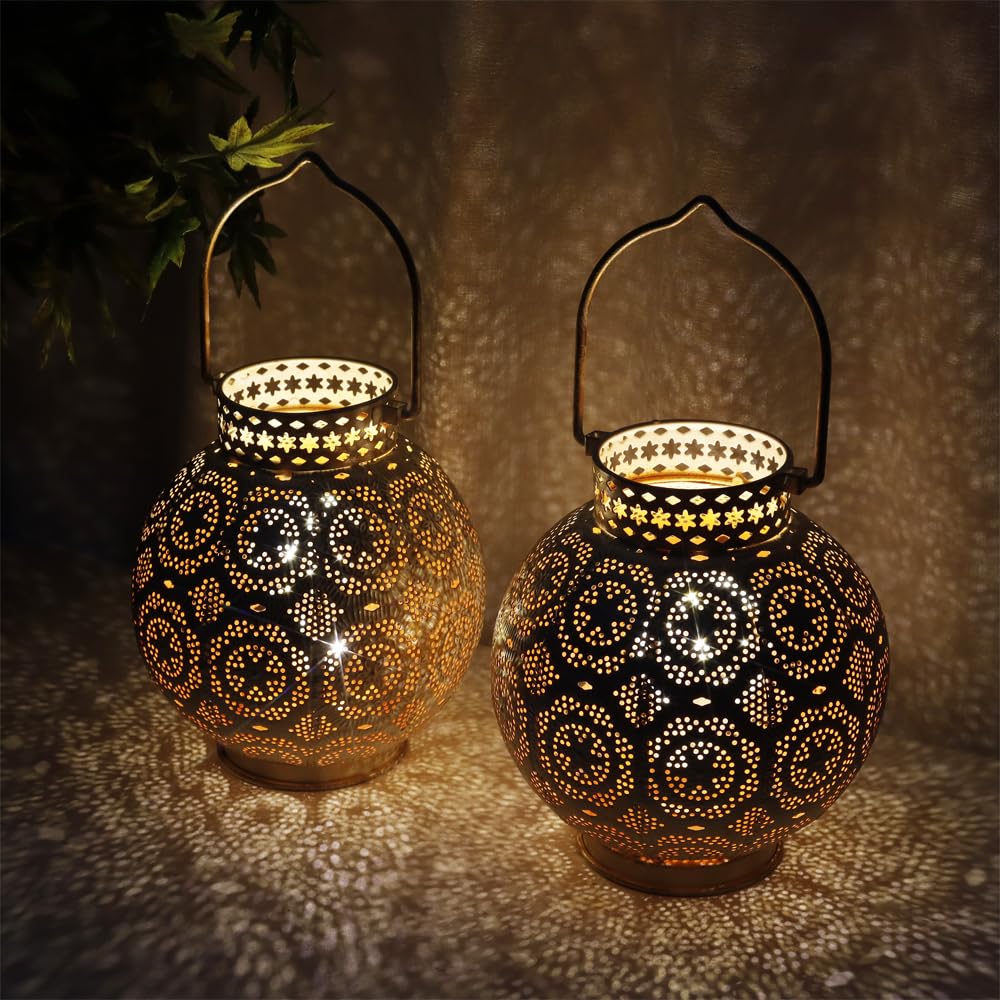 Trirocks Set Of 2 Moroccan Decorative Lamps 7'' High Battery Powered Cordless Lamp Metal Table Lamps With Fairy Lights Bulb For Home Living Room Garden Yard Party Events Tabletop Indoor Outdoor(Brown)