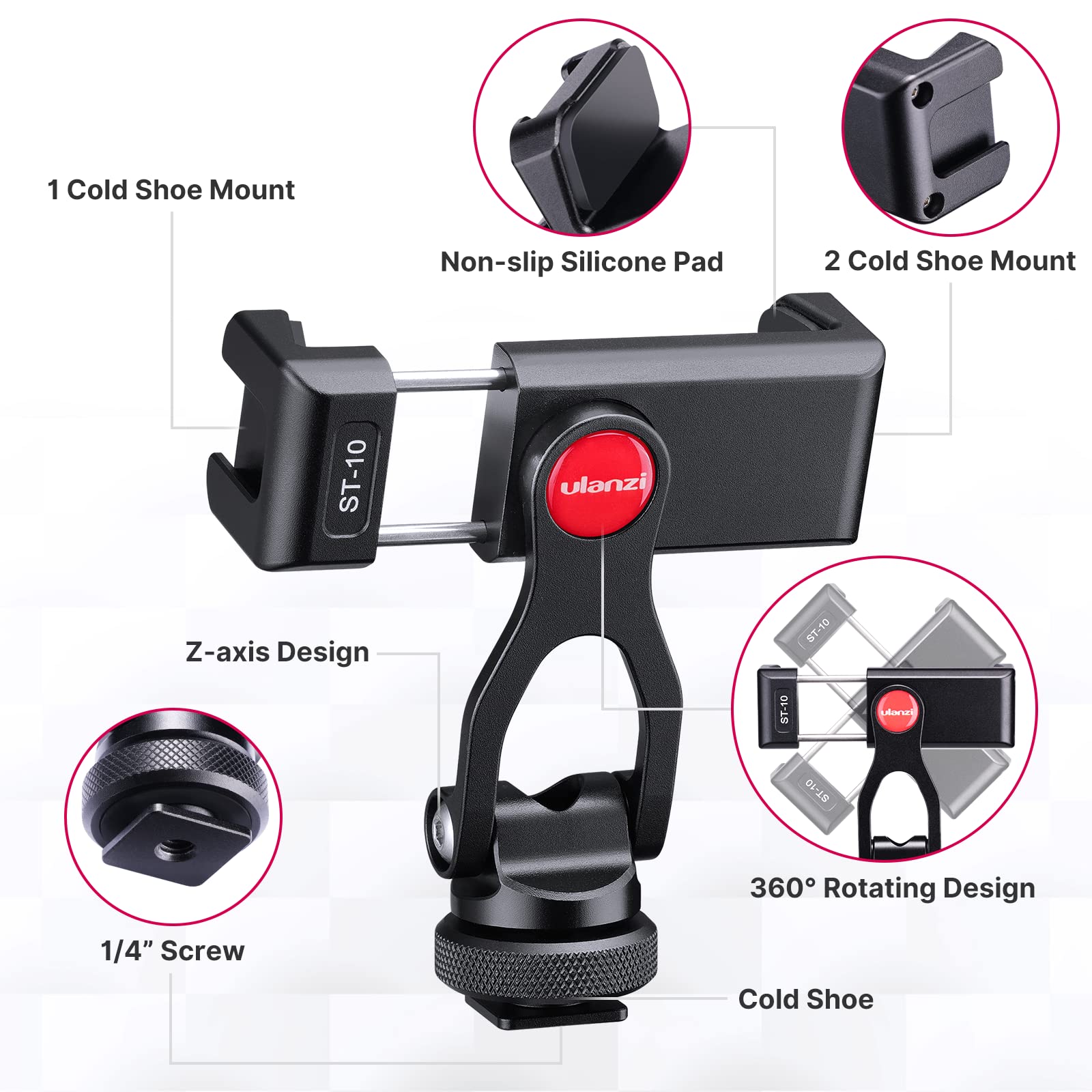 Ulanzi Metal Phone Tripod Mount St-10, Universal 360° Smartphone Adapter With 2 Cold Shoe Mount, Adjustable Cell Phone Clamp Stand Holder, Compatible With Iphone, Samsung Galaxy And All Phones