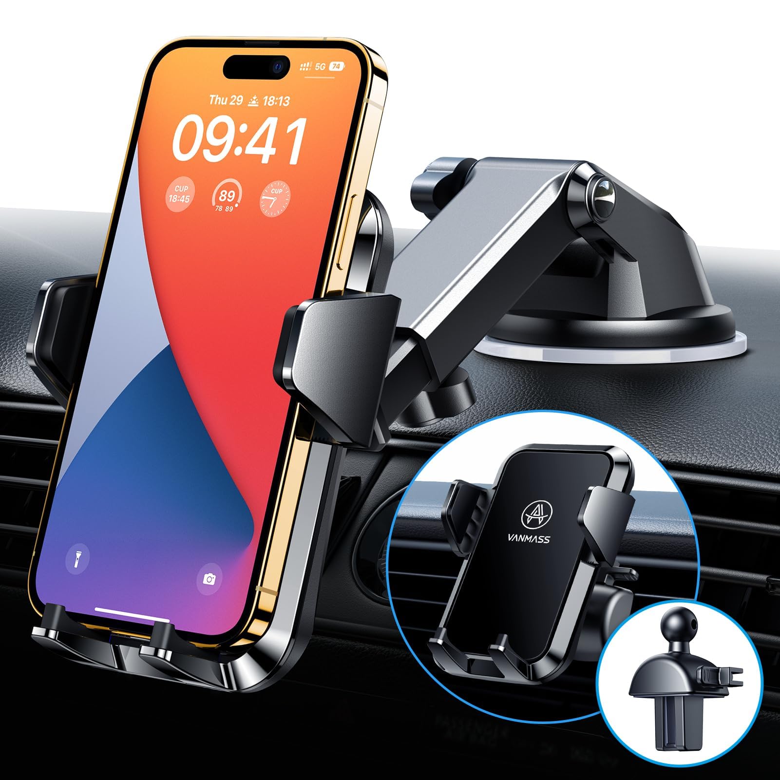 Vanmass [True Anti-Vibration] Car Phone Holder Vanmass【 Ultimate Military-Grade 】Suction Cell Mount Truck Stand Cradle For Dashboard Windshield Vent For Iphone 16 Pro Max 15 14 13 Samsung Android