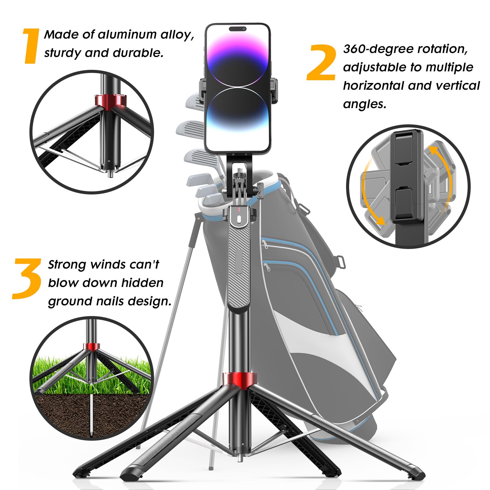 Fuiczsn 70" Phone Tripod & Selfie Stick For Golf Swing, Extendable Cell Phone Tripod Stand With Ground Stakes, Wireless Remote And Phone Holder, Golf Training Aid -Compatible With Iphone Android Phone, Camera