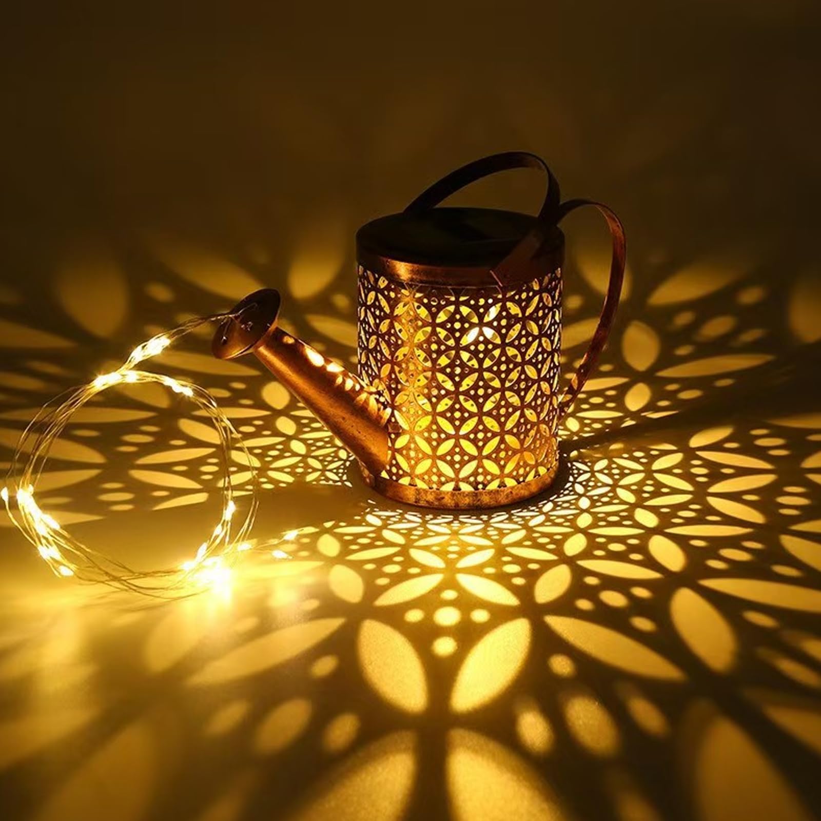 Neioaas Solar Watering Can Lights, Led Solar Lantern String Light Outdoor Garden Waterproof Hollowed-Out Retro Metal Water Can Lights, For Garden Patio Yard Pathway Lantern Plant Decoration(With Bracket)