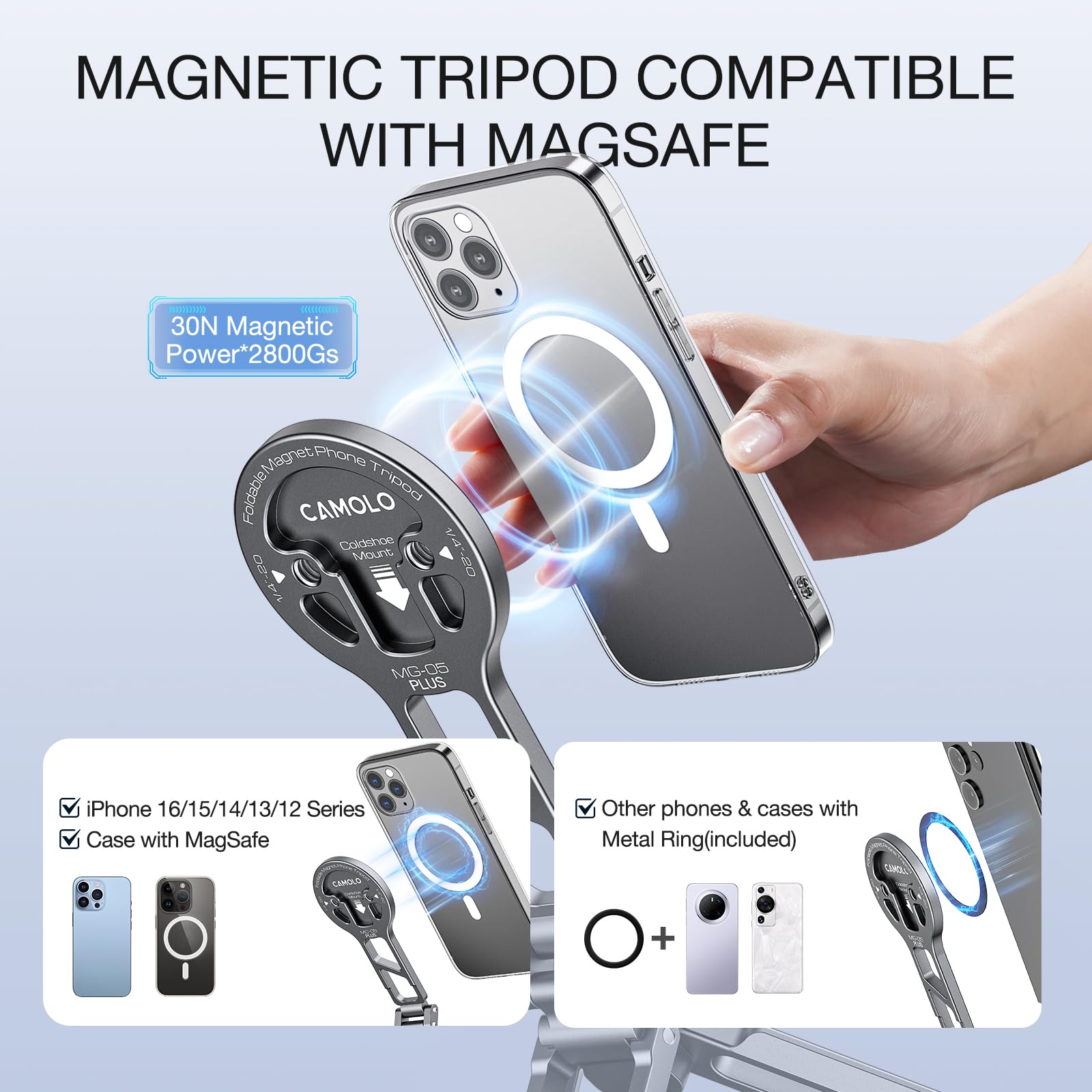 Camolo Geek Magnetic Pocket Phone Tripod Foldable Compatible With Magsafe For Iphone 15/14/13/12 Plus Pro Max Series, Mg-05 Plus Cell Phone Tripod Mount Handle Smartphone Desk Stand Travel All In One