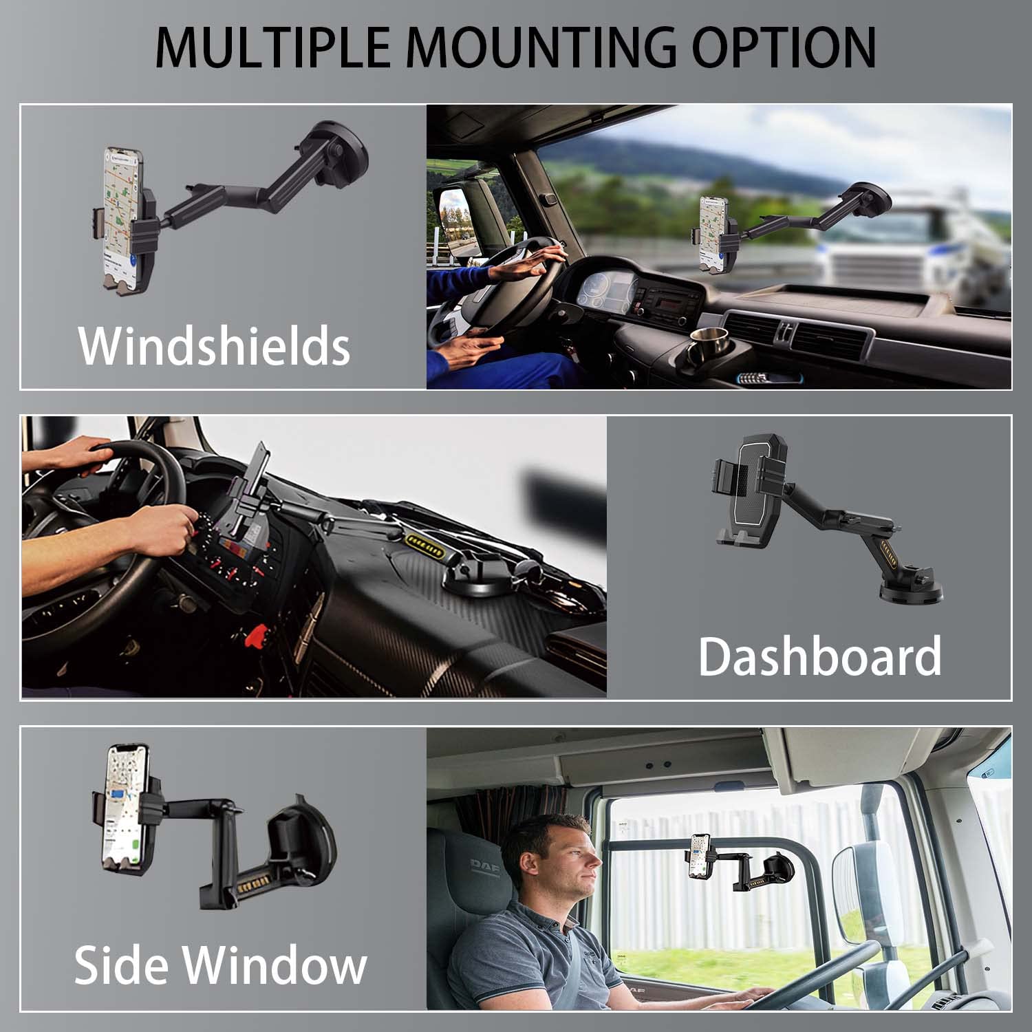 Wuitin Truck Phone Holder Mount,Car Phone Holder,Dashboard Windshield Phone Holder 16.9 Inch Long Arm,Super Suction Cup Compatible With Pickup Truck,Commercial Truck And All Phone