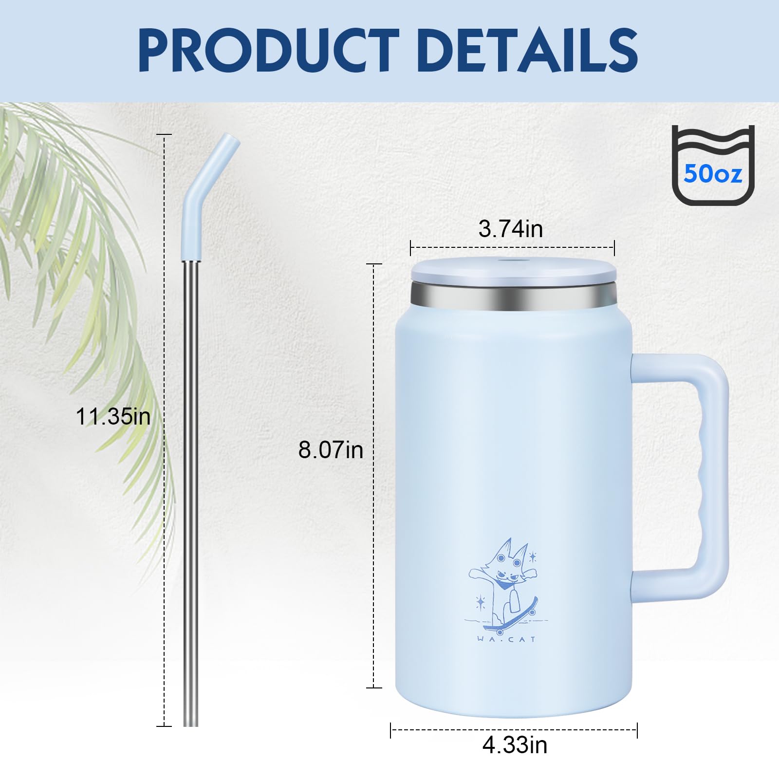 50 Oz Tumbler With Handle - Vacuum Insulated Water Bottle With Straw - Reusable Stainless Steel