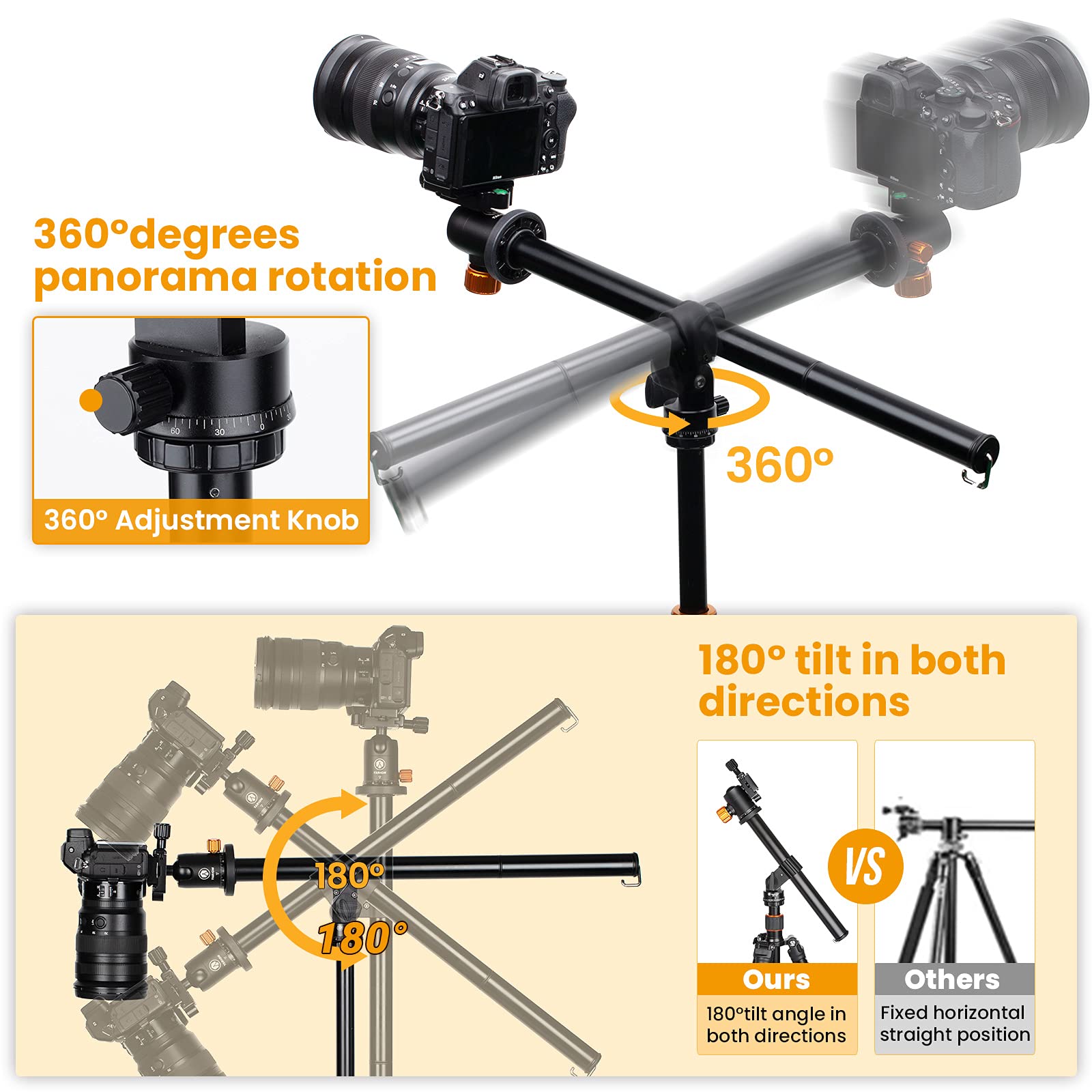 Tarion Camera Tripod Monopod 61" Panorama Ball Head Foldable With 12.6" Horizontal Tripod Extension Arm Boom And Counterweight Sandbag For Overhead Photography And Filming