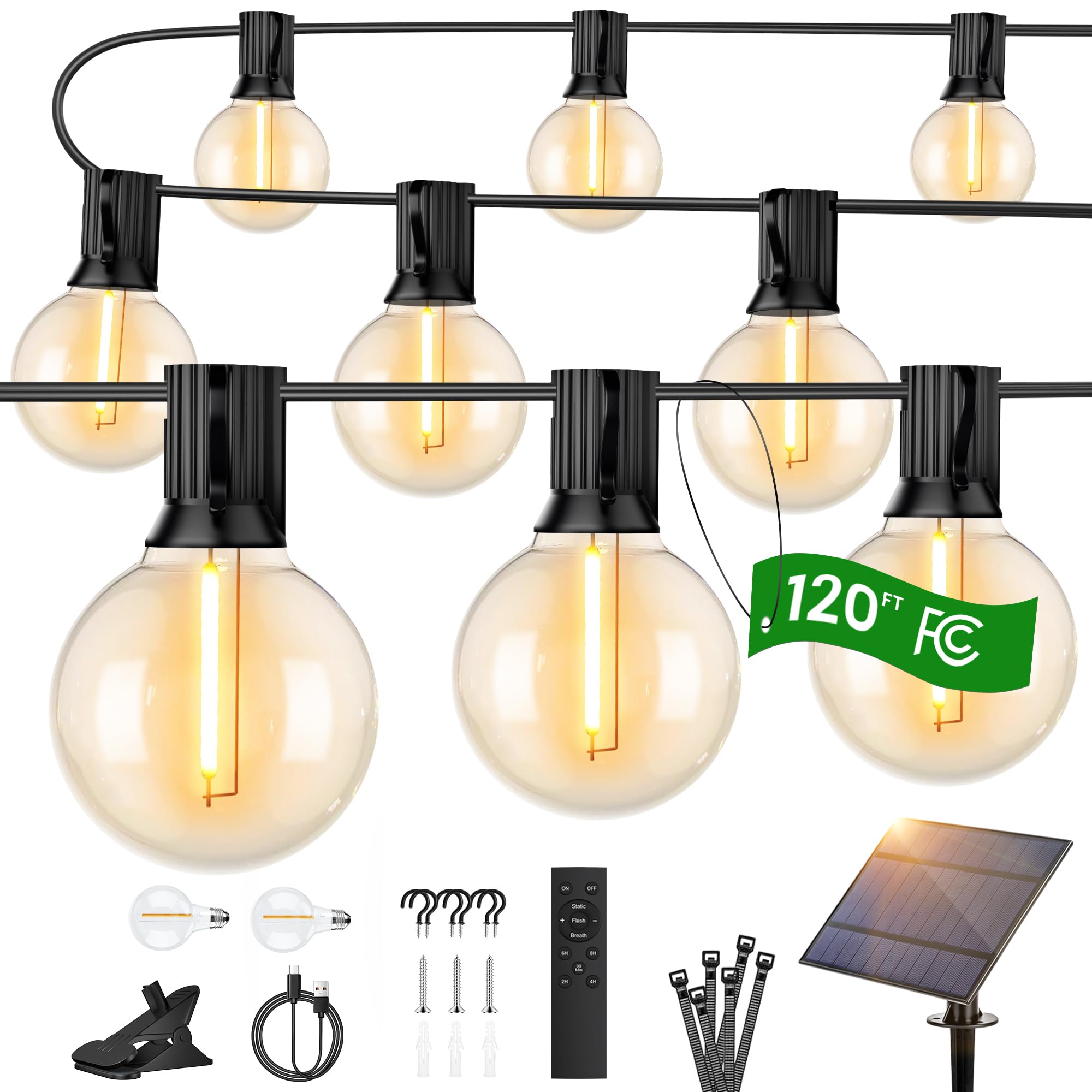 Ohlux 120Ft Solar String Lights Outdoor With Remote, Commercial Grade Patio Lights With 52 Shatterproof G40 Globe Led Filament Bulbs, Dimmable Outside Edison Hanging Light For Backyard Party Decor