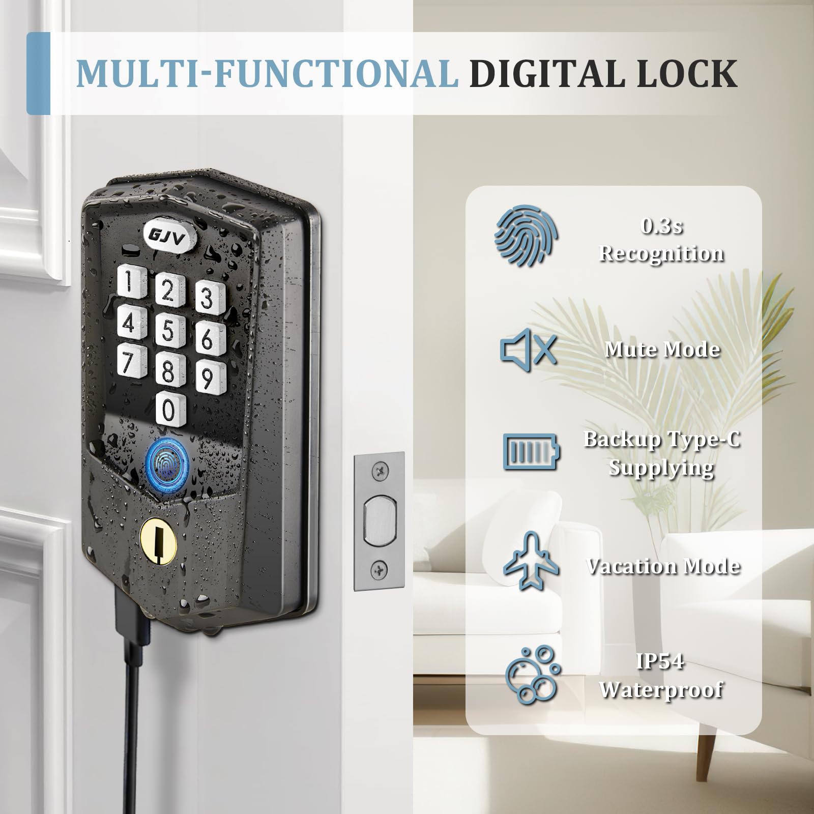 Gjv Keyless Entry Door Lock, Fingerprint, Smart Lock For Front Door, Keypad Deadbolt For Hotel Office Airbnb Home & Apartment - Matte Black