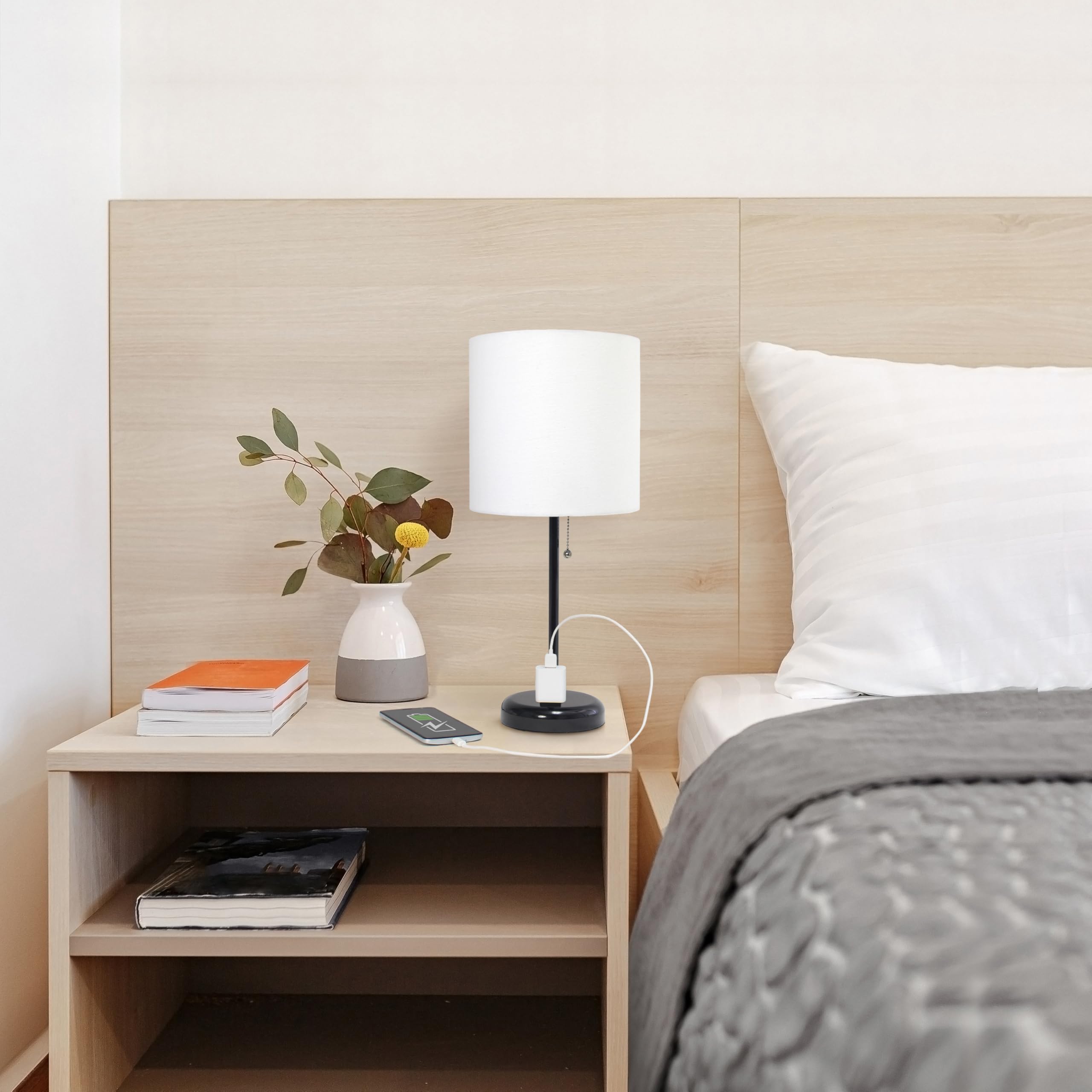 Creekwood Home Oslo 19.5" Contemporary Bedside Power Outlet Base Standard Metal Table Desk Lamp In Black With White Drum Fabric Shade For Home Décor With Feit Led Bulb