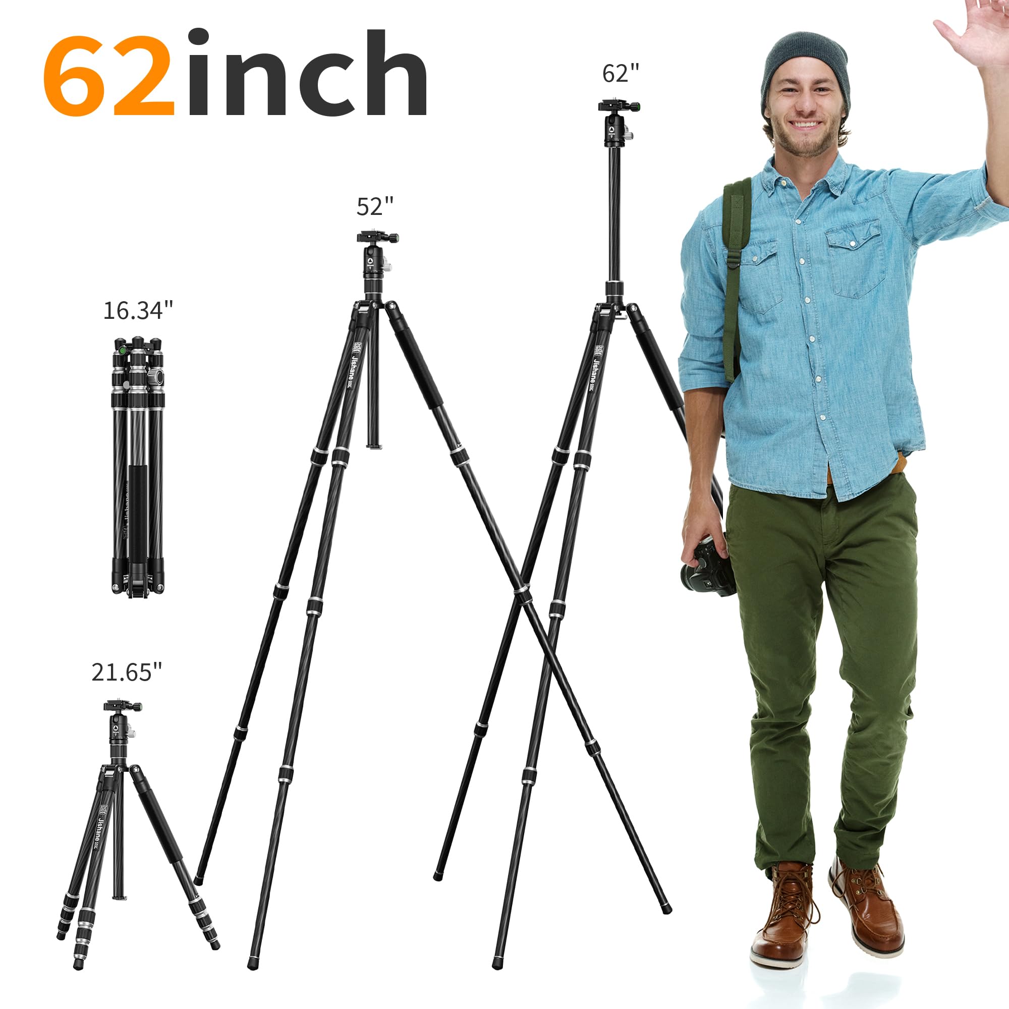 Jishane Carbon Fiber Camera Tripod, 62" Professional Video Tripod With 360° Ball Head, Phone Holder & 1/4" Arca Qr Plate, Compact Travel Monopod For Dslr/Smartphone, Max Load 17.6 Lbs/8Kg