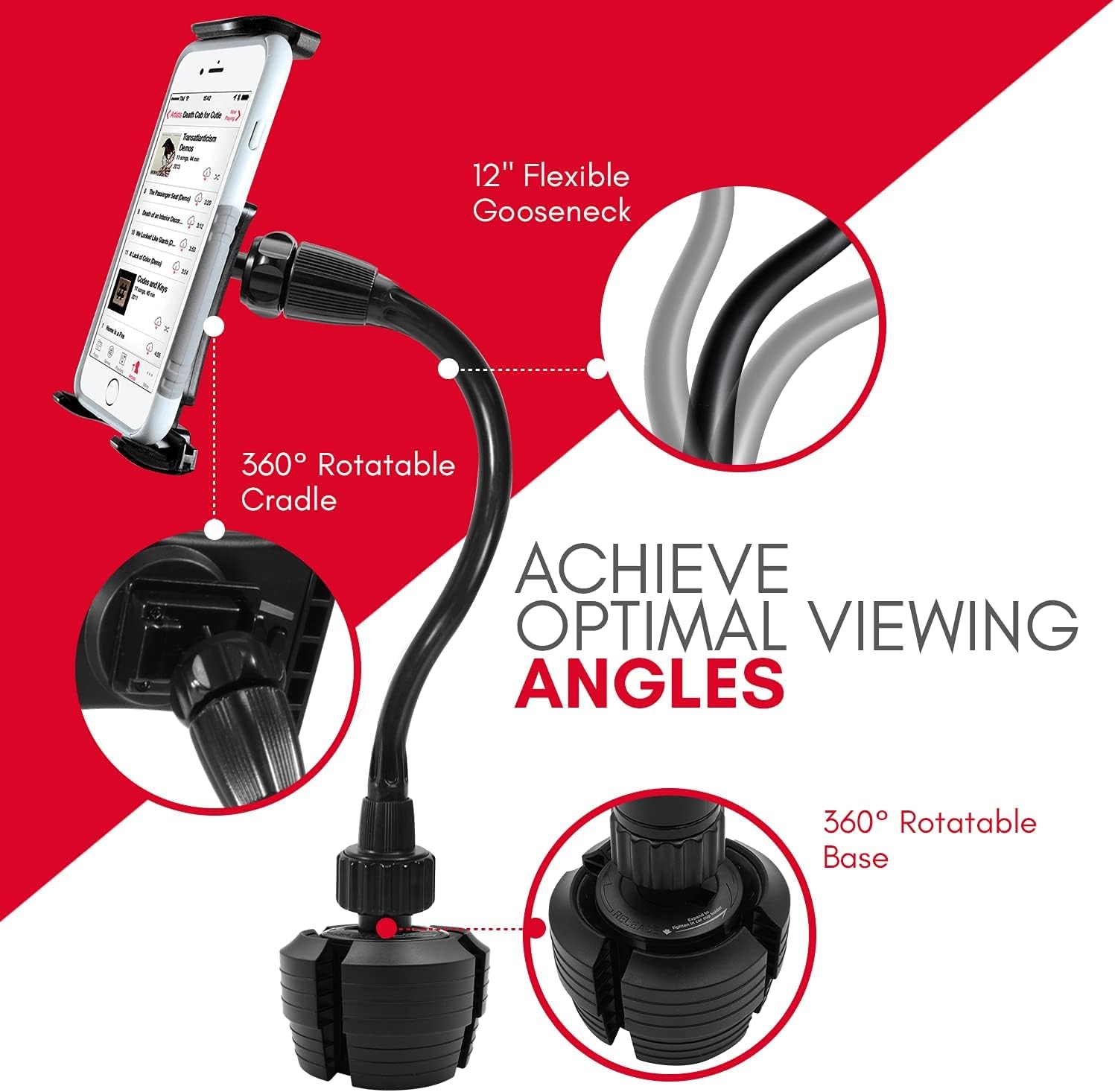 Macally Cup Holder Tablet Mount For Car - Sturdy And Adjustable Design - Tablet Holder For Car Cup Holder - Compatible With Ipad Pro/Air/Mini, Etc.