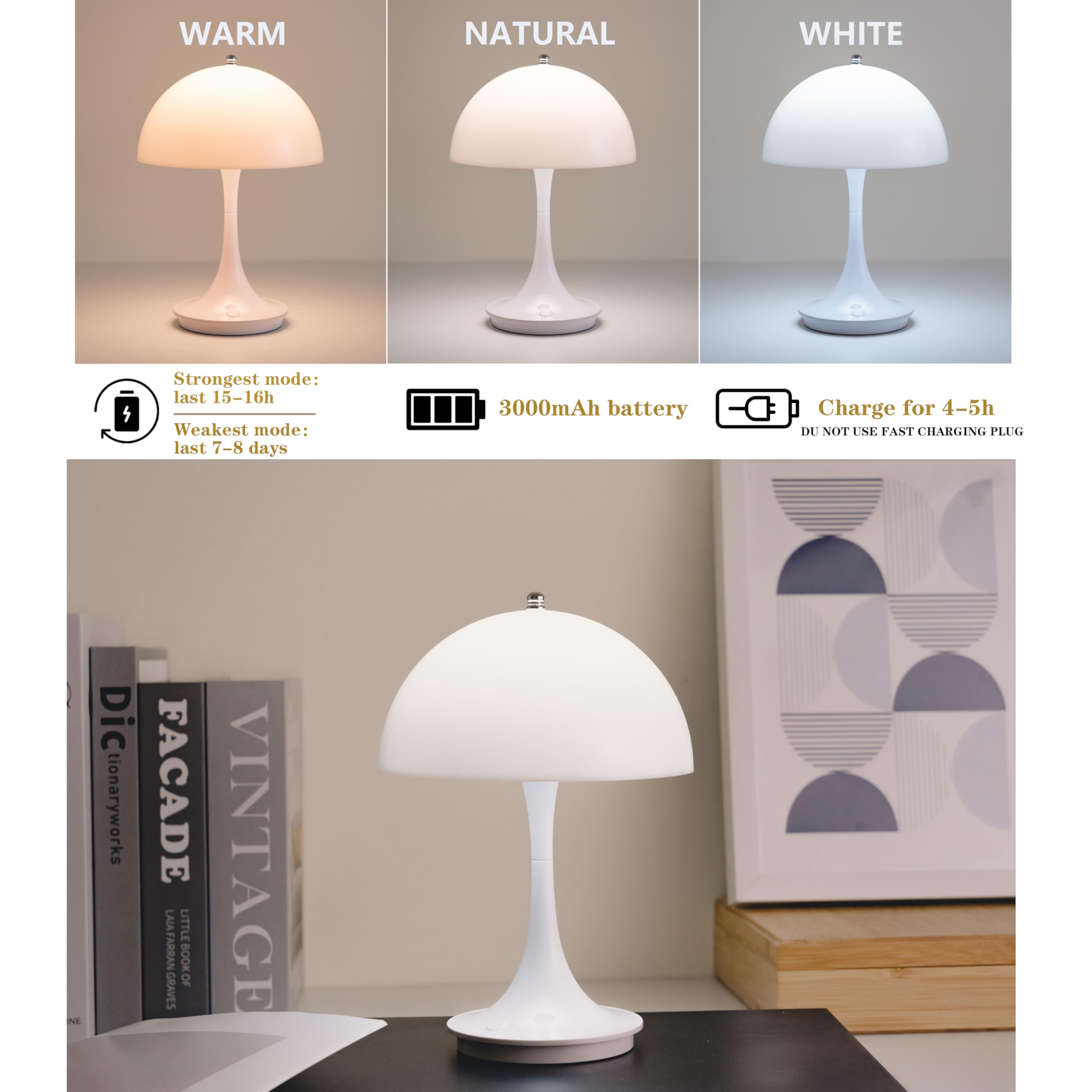 Mgchayoli Cute Cordless Mini Mushroom Table Lamp - Rechargeable 3000Mah Battery, Dimmable Touch Led, Portable Bedside Nightstand Light For Bedroom, Kitchen, Bathroom, Office & Study Decor - White