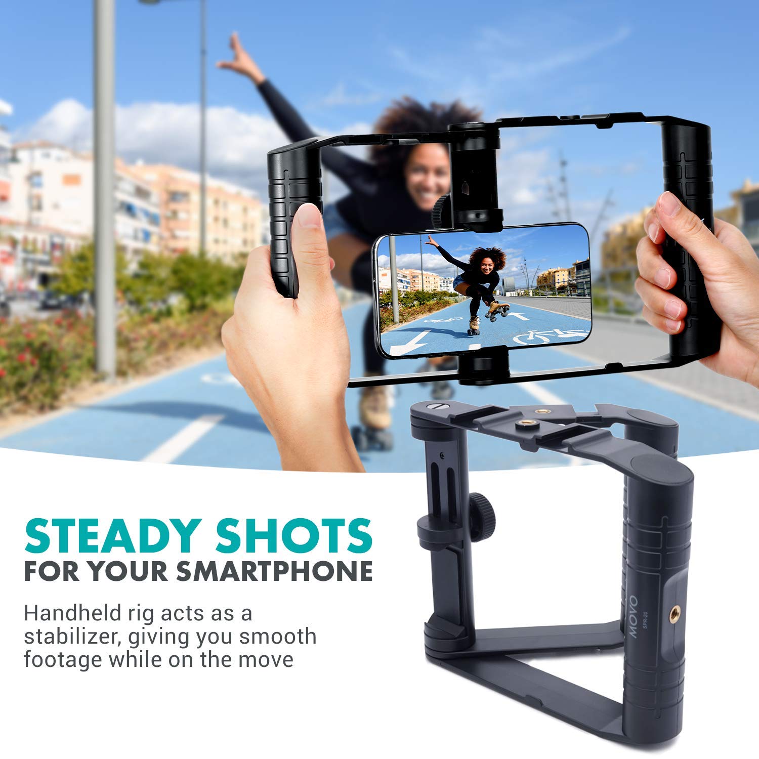 Movo Spr-20 Foldable Smartphone Video Rig Cage With Cold Shoe Mounts For Microphone Or Led Light - Vlogging Mount Compatible With Iphone, Android - Smartphone Video Stabilizer Grip - Filming Equipment