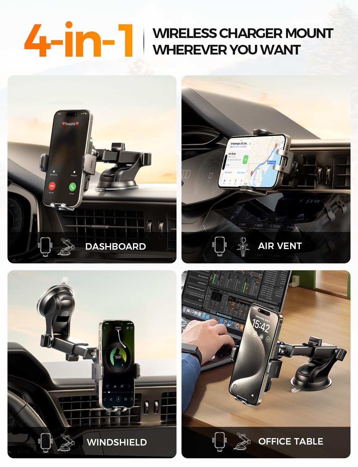 Chgeek Wireless Car Charger Phone Holder Mount, 15W Fast Charging Auto Clamping Phone Holders For Your Car Dashboard Windshield Air Vent Car Accessories For Iphone, Samsung Galaxy, Google Pixel Etc