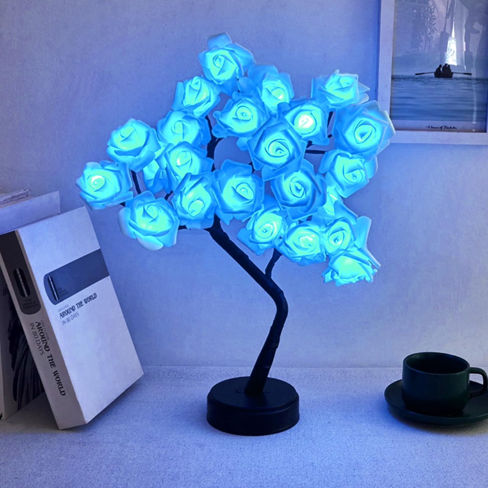 Bonlting Rose Flower Tree Lamp, Led Rose Bedside Table Lamp Battery Powered Or Usb Adapter, Nightstand Lamp For Living Room, Bedroom, Office For Mother’S Day Anniversary Birthday (Blue)