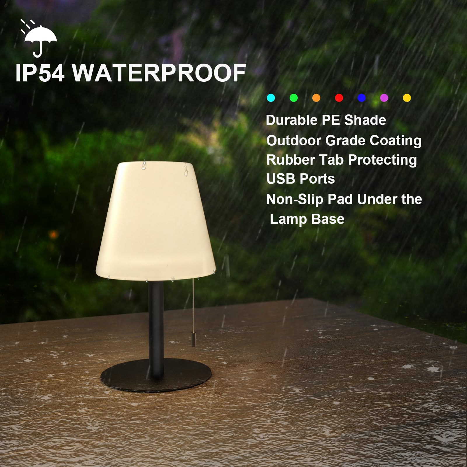 Goodfoever Outdoor Table Lamp/Portable Led Cordless Lamp/Rechargeable Battery Lamp/ 2- Level Brightness/2 Lighting Modes/Ip44 Waterproof/Metal Light Post And Base/Pe Shade /Bedroom Dinning Camping Patio Shower