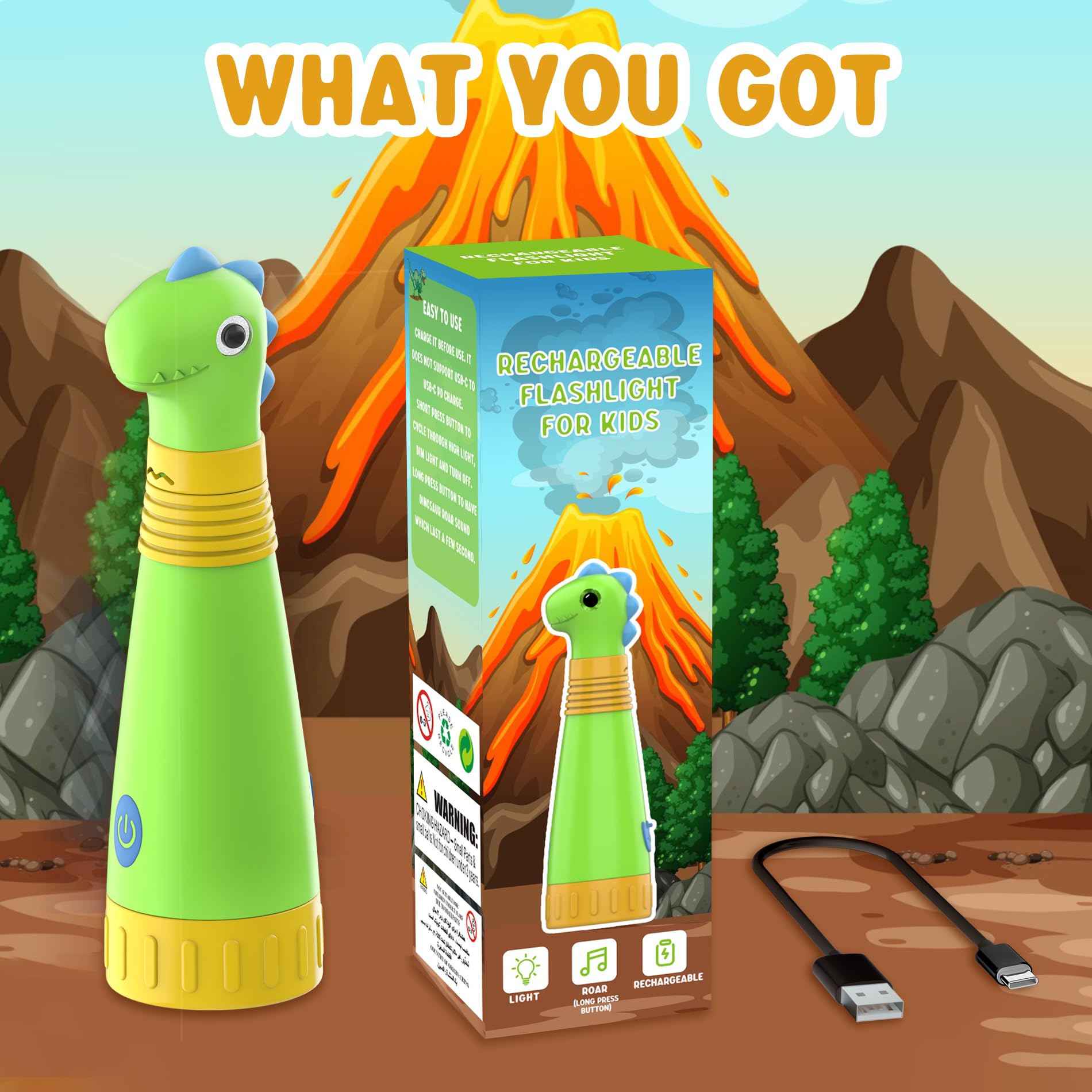 Auksky Rechargeable Dinosaur Flashlight With Roar For Kids, Kids Flashlight Camping Gear Toddler Handheld Flashlight For Kids, Halloween Christmas Lights For Boys Girls, Dino Kid Lantern