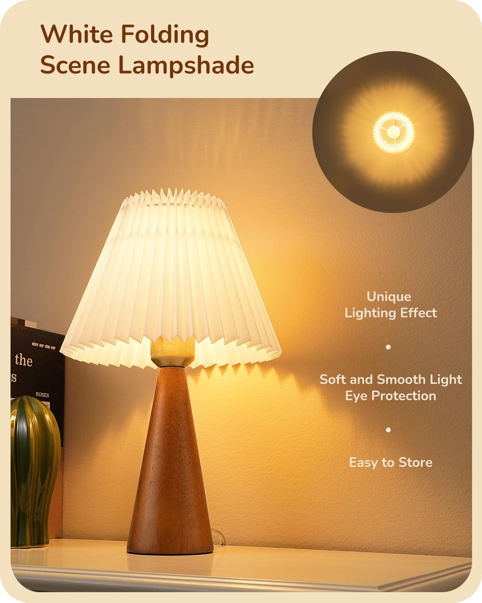 Edishine 13.58" Small Table Lamp, Wooden Base Nightstand Lamp, White Pleated Lampshade, Space-Saving Modern Bedside Lamp For Nursery Kids Room Bedroom Living Room, E26, On-Off Button, Dark Rosewood