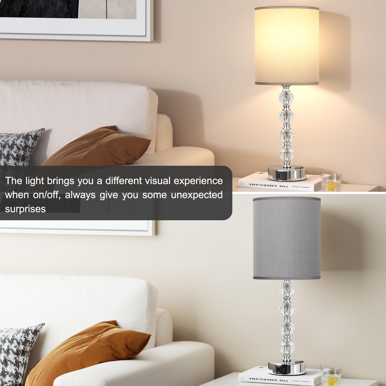 Acaxin Touch Bedside Crystal Lamps For Bedrooms Nightstand With Usb C+A Charging Port And Ac Outlet White, 3 Way Dimmable Silver Large End Side Table Lamp For Living/Dinning Room/Kitchen/Bedroom