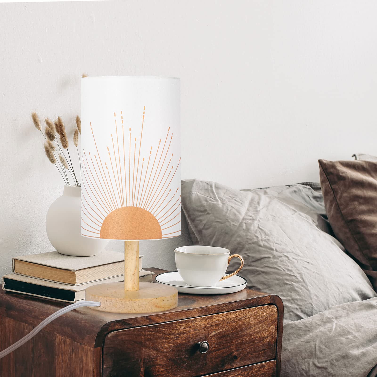 Bonuci Bedside Table Lamp For Bedroom Boho Desk Lamp Minimalist Bedside Desk Lamp 3W Sun Background Trendy Abstract Geometric Small Night Stand Lamp With Wood Base For Bedroom Living Room Desk Office