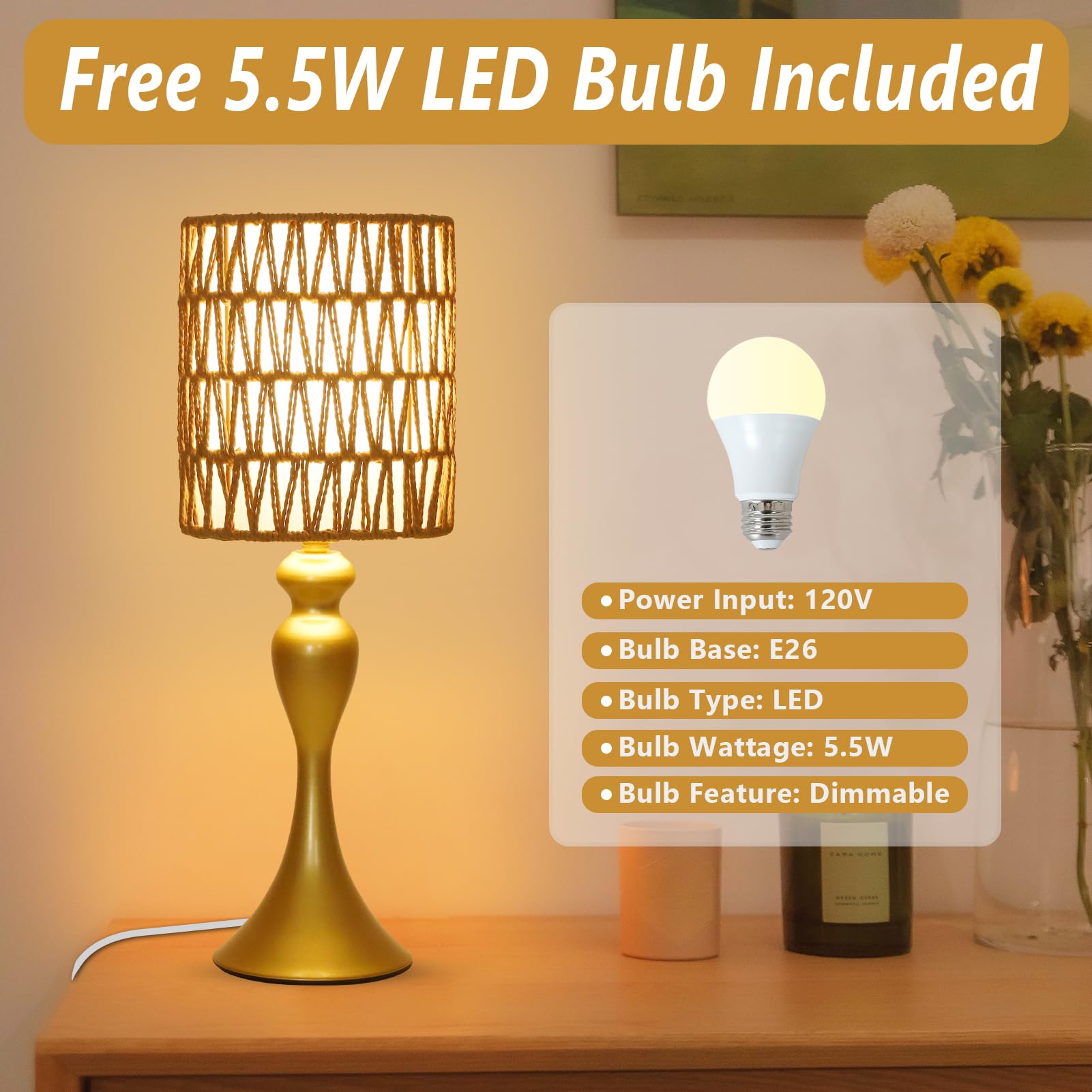 Eayaya Rattan Gold Table Lamp For Bedroom With Bulb, Boho Lamp For Night Stands, 3-Way Dimmable Touch Control Bedside Lamps, Mini Small Desk Lamp With Fabric Shade, Accent Side Table Lamp, Nightstand Lamp
