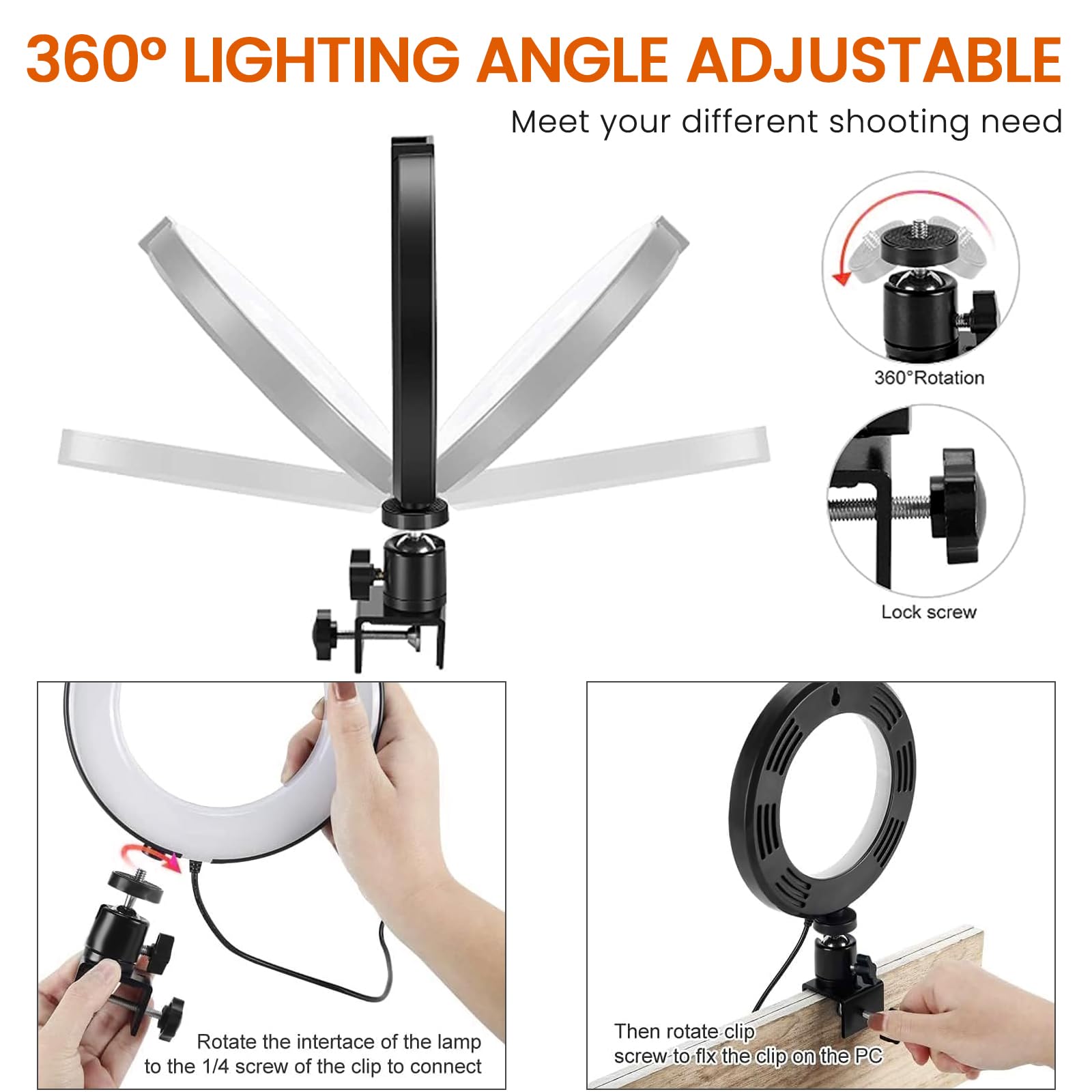 Mactrem 2 In 1 Led 6"" Ring Light With Tripod Stand & Clamp For Youtube Video And Makeup, Mini Led Camera Light With Cell Phone Holder Desktop Led Lamp With 3 Light Modes & 11 Brightness Level, Black