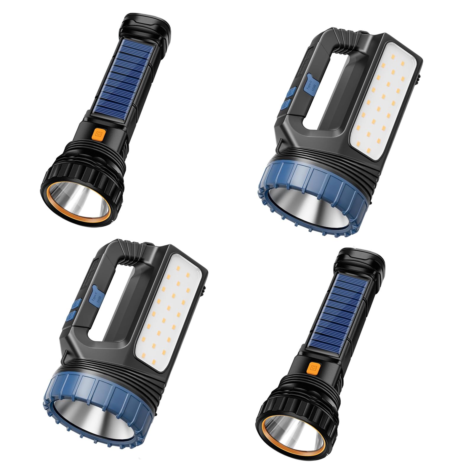 E-Shidai Solar Flashlights, Solar Flashlight Flashlights For Multi Function Led Flashlight With Emergency Strobe Light Emergencies, Led High Lumens, Usb C And Large Capacity Battery （4Pcs）