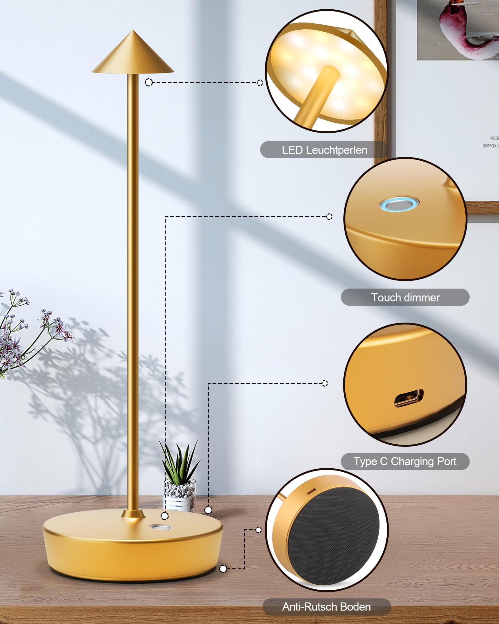 Shangcai Cordless Table Lamps Rechargeable, 6000Mah Battery Operated Led Desk Lamp Outdoor Waterproof Portable Touch Dimmable Table Night Light For Patio Restaurant Dining Home Set Of 2 Gold