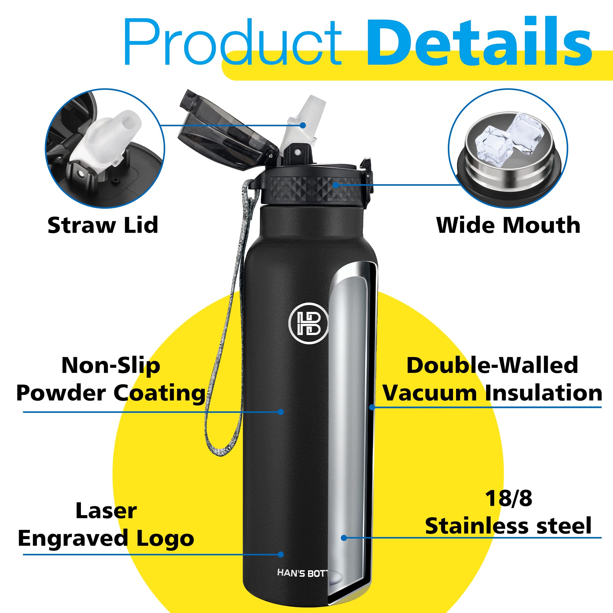 Han'S Bottle Sports Water Bottle - 24 Oz, Straw Lid, Leak Proof, Vacuum Insulated Stainless Steel