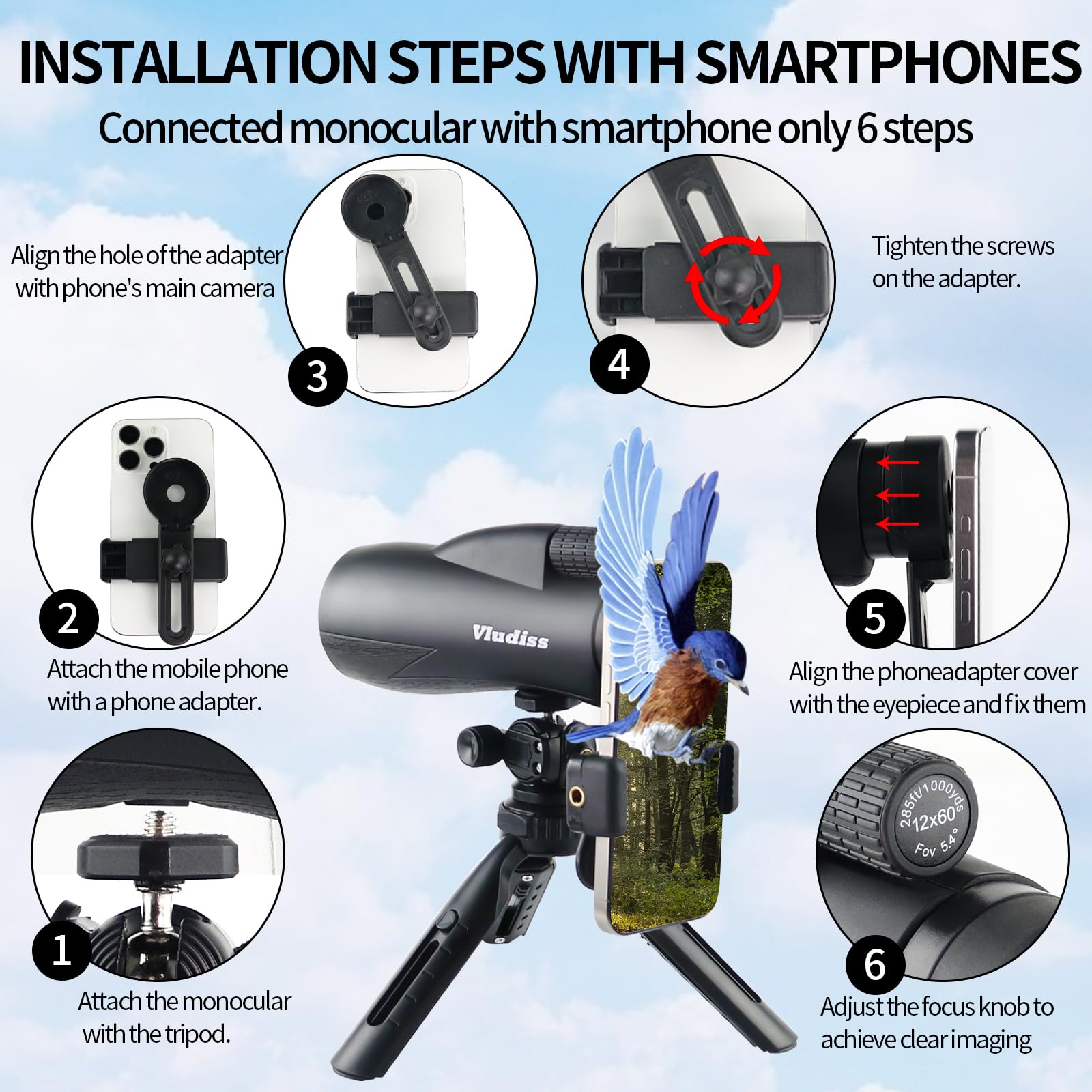 Vludiss 12X60 High-Power Monocular Telescope With Smartphone Holder And Tripod, Large Vision With Bak-4 Prism And Fmc Lens Suitable For Bird Watching Hunting Hiking Camping Wildlife
