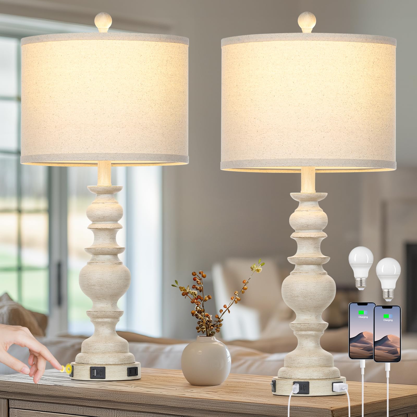 Ruzectt 27.5" Farmhouse Table Lamps Set Of 2, Rustic Living Room Lamps With Usb C+A Ports & Ac Outlet, Vintage Bedside Lamps With Linen Shade, Tradition Bedroom Lamps For Nightstand Side End Table Desk, Beige